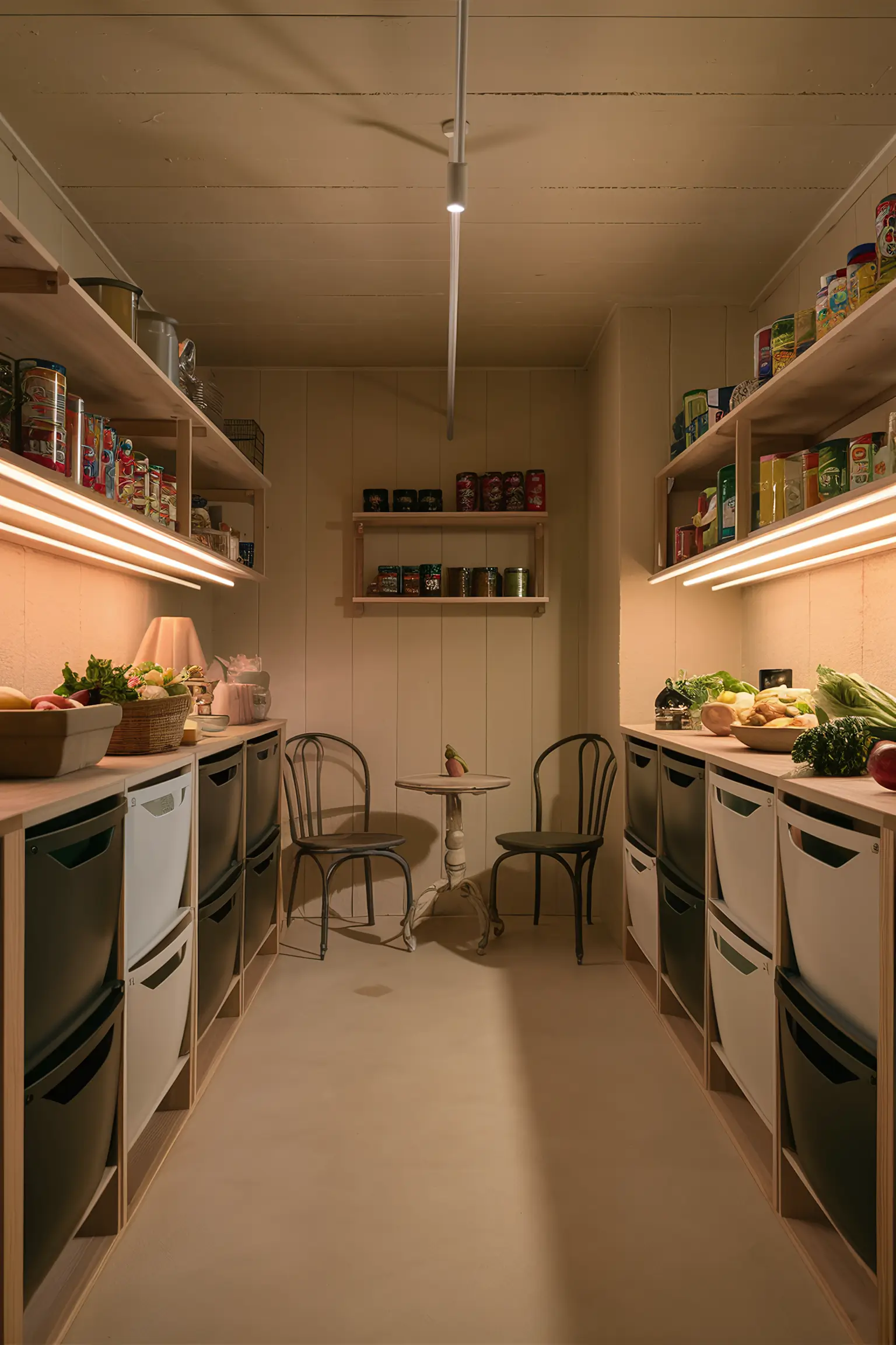 Basement with extra food storage shelves and bins.