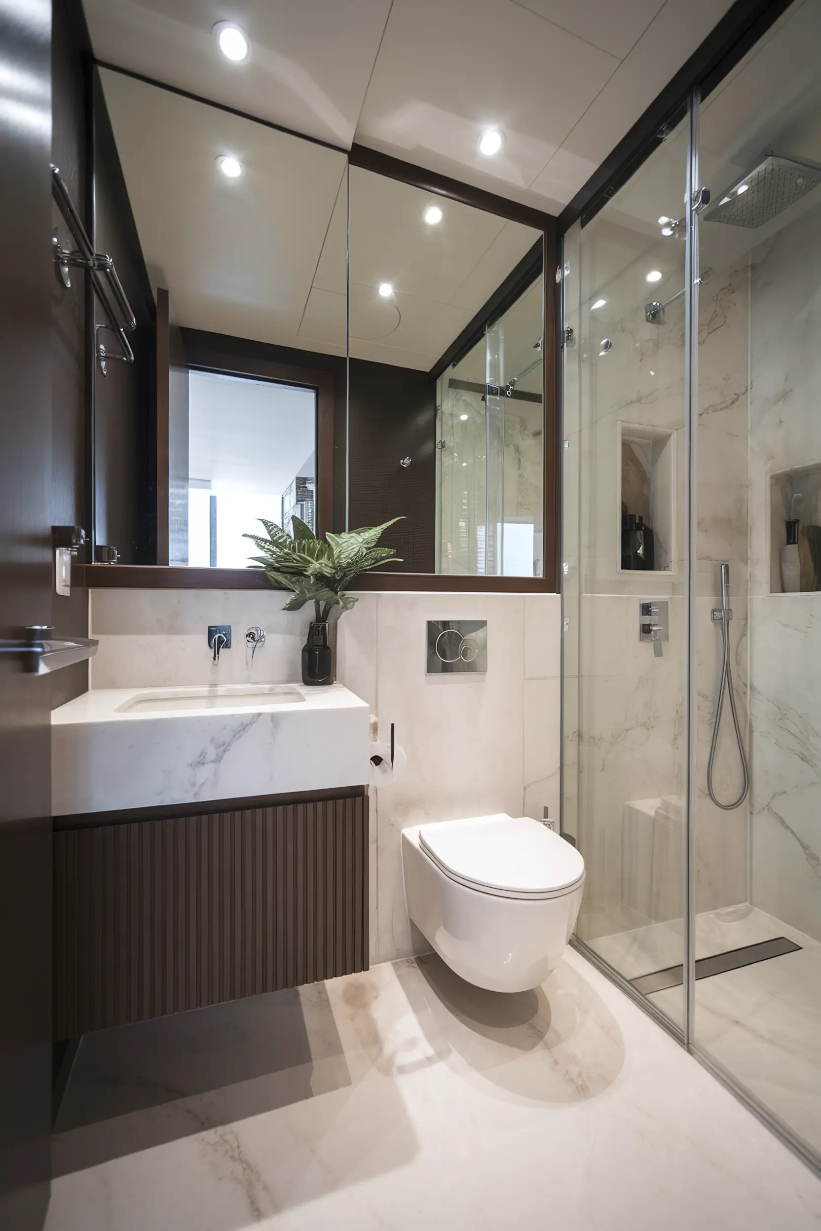Ultra-small luxury bathroom with chic design elements, space-saving solutions, and modern fixtures.