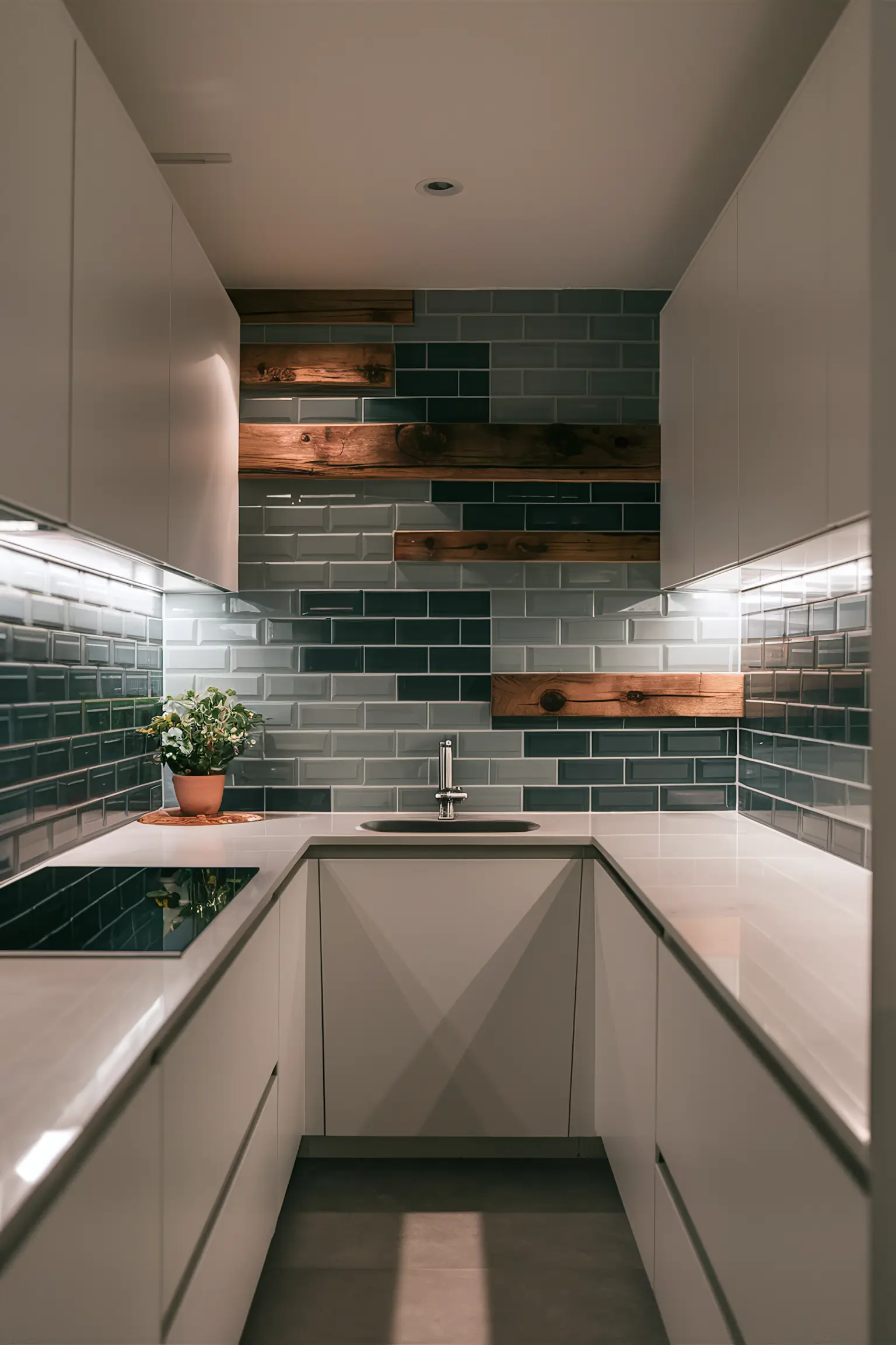 Minimalistic farmhouse kitchen with subway tile backsplash and rustic accents.