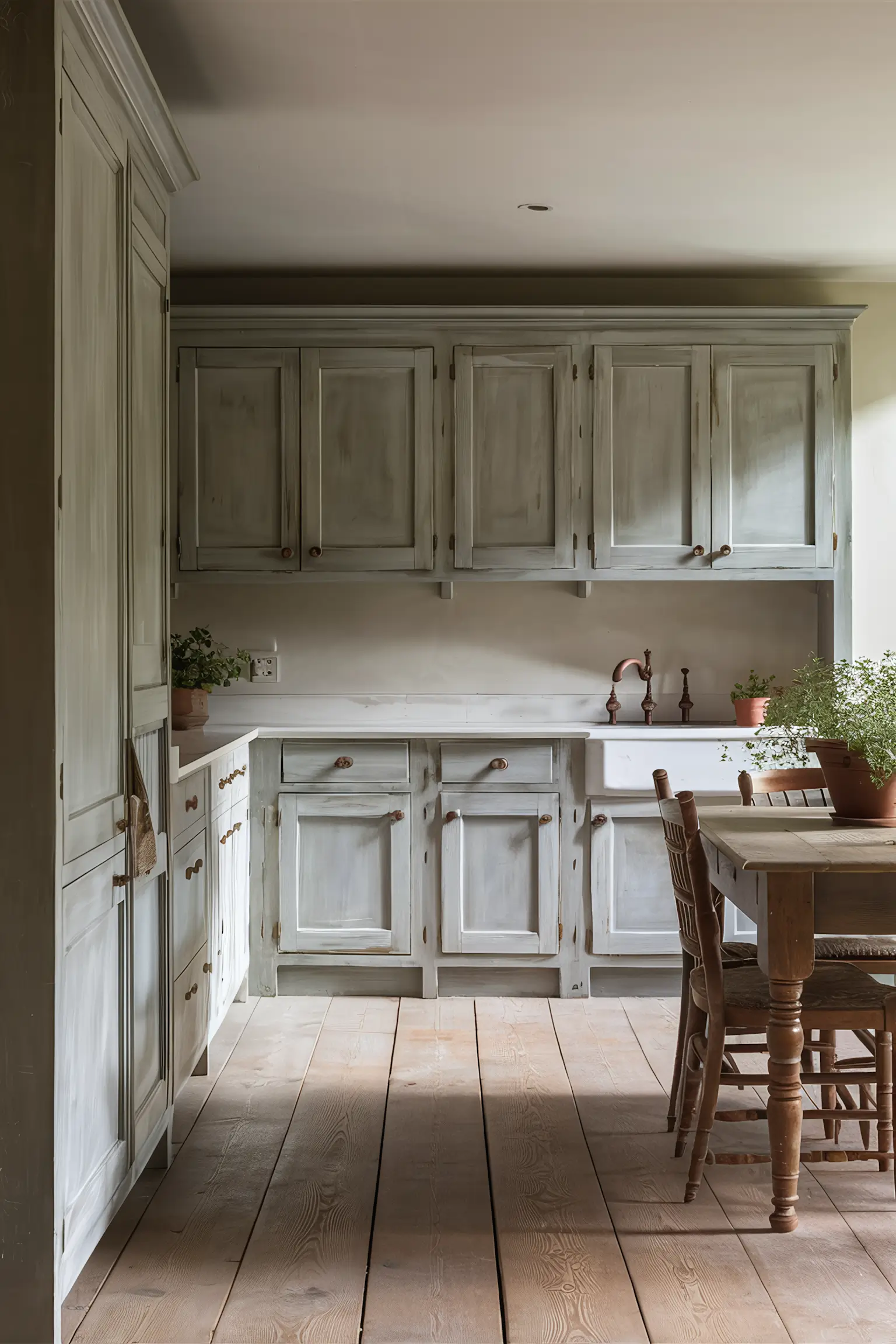 Minimalistic farmhouse kitchen with distressed paint cabinets and rustic handles.