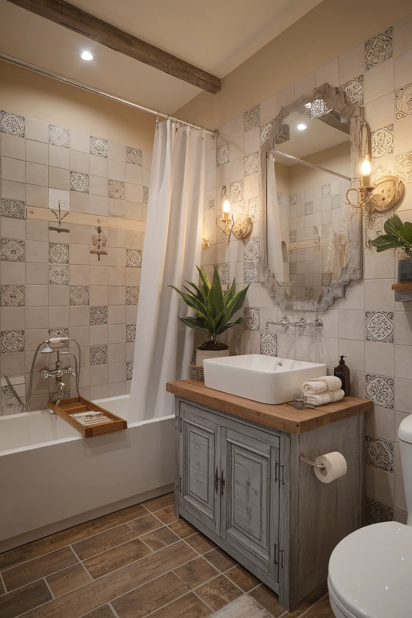 Charming small luxury bathroom with French country-inspired decor and rustic wood elements.