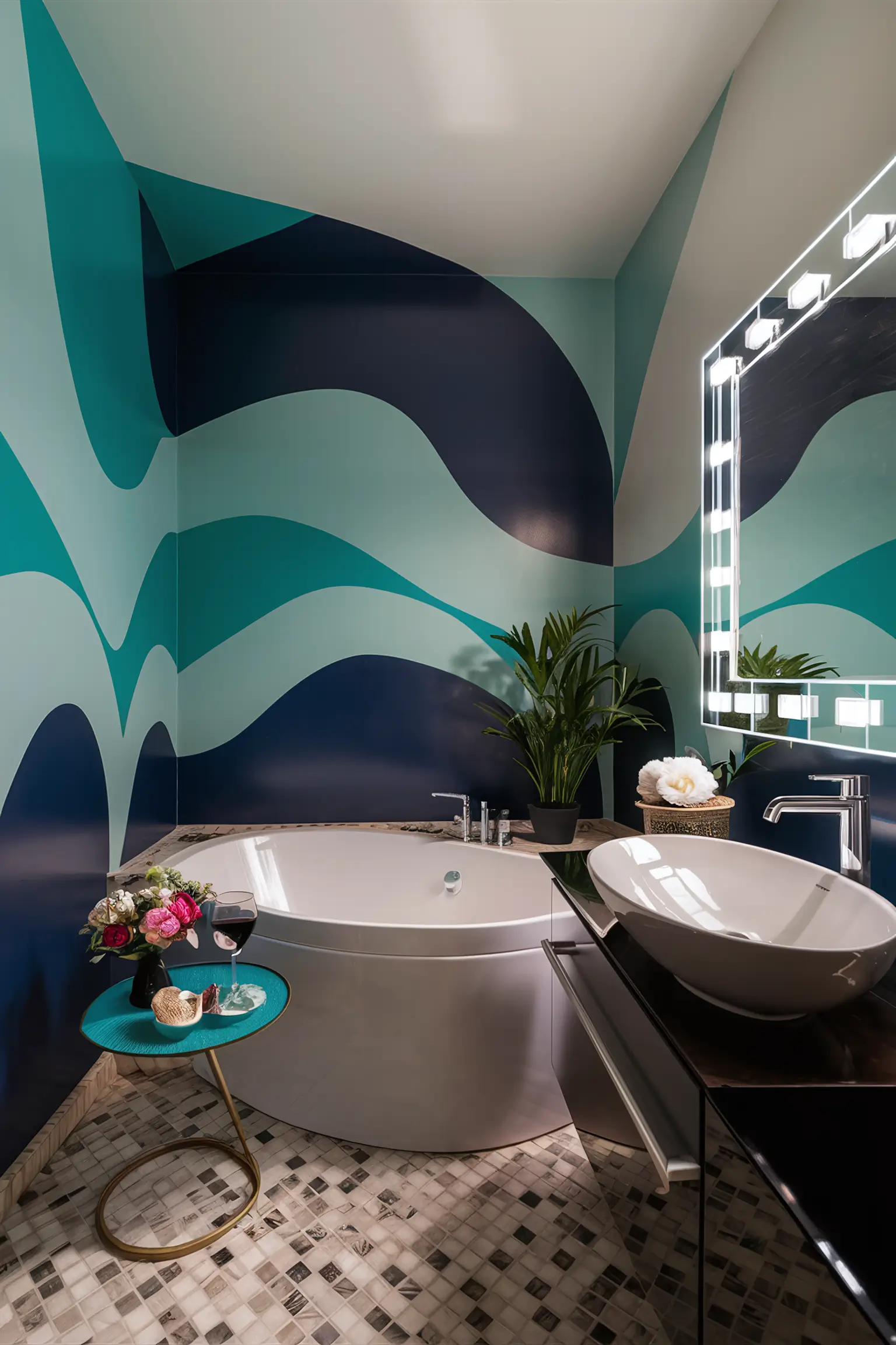 Vibrant bathroom with playful paint colors and modern fixtures.