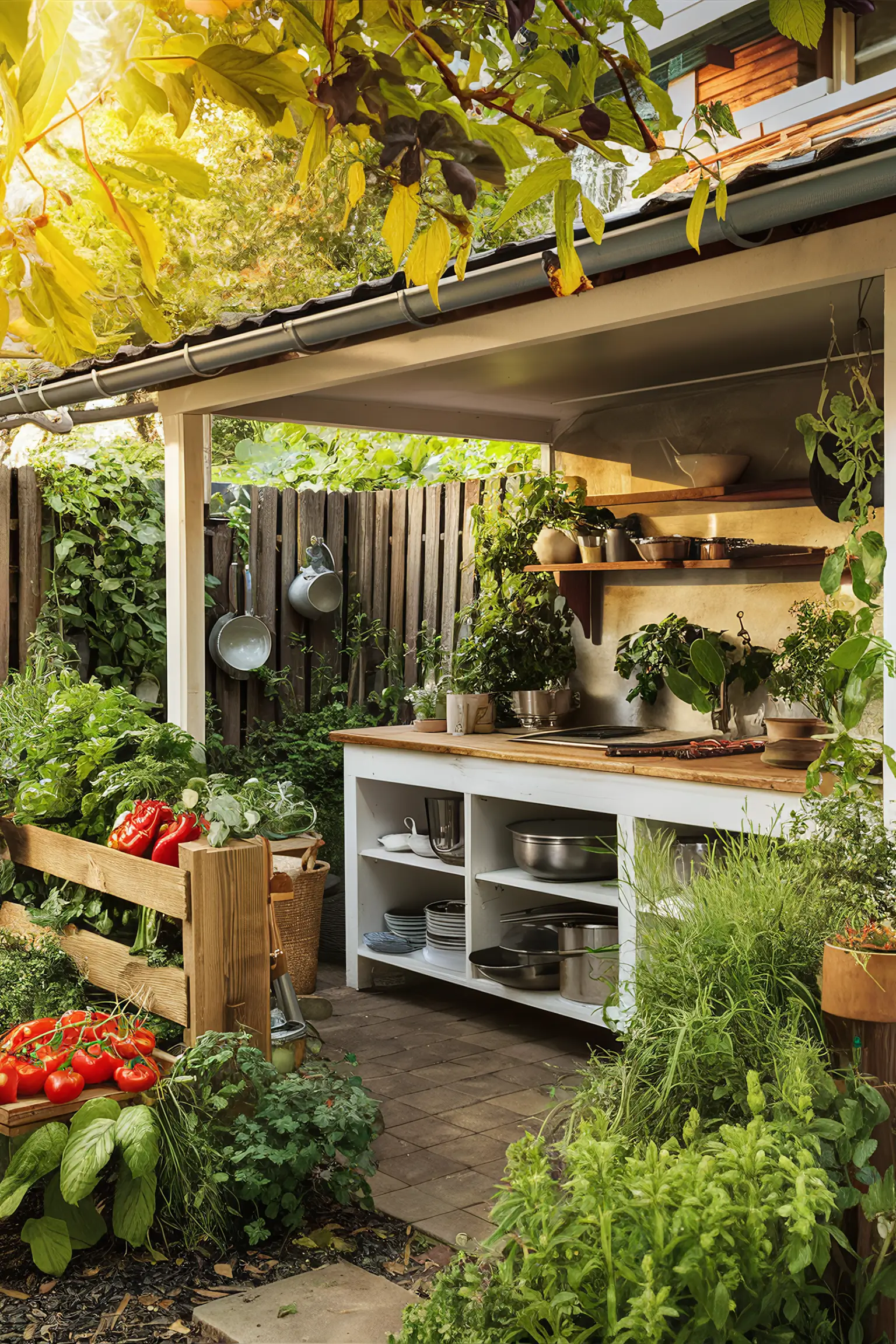 Backyard kitchen surrounded by vegetable and herb gardens.