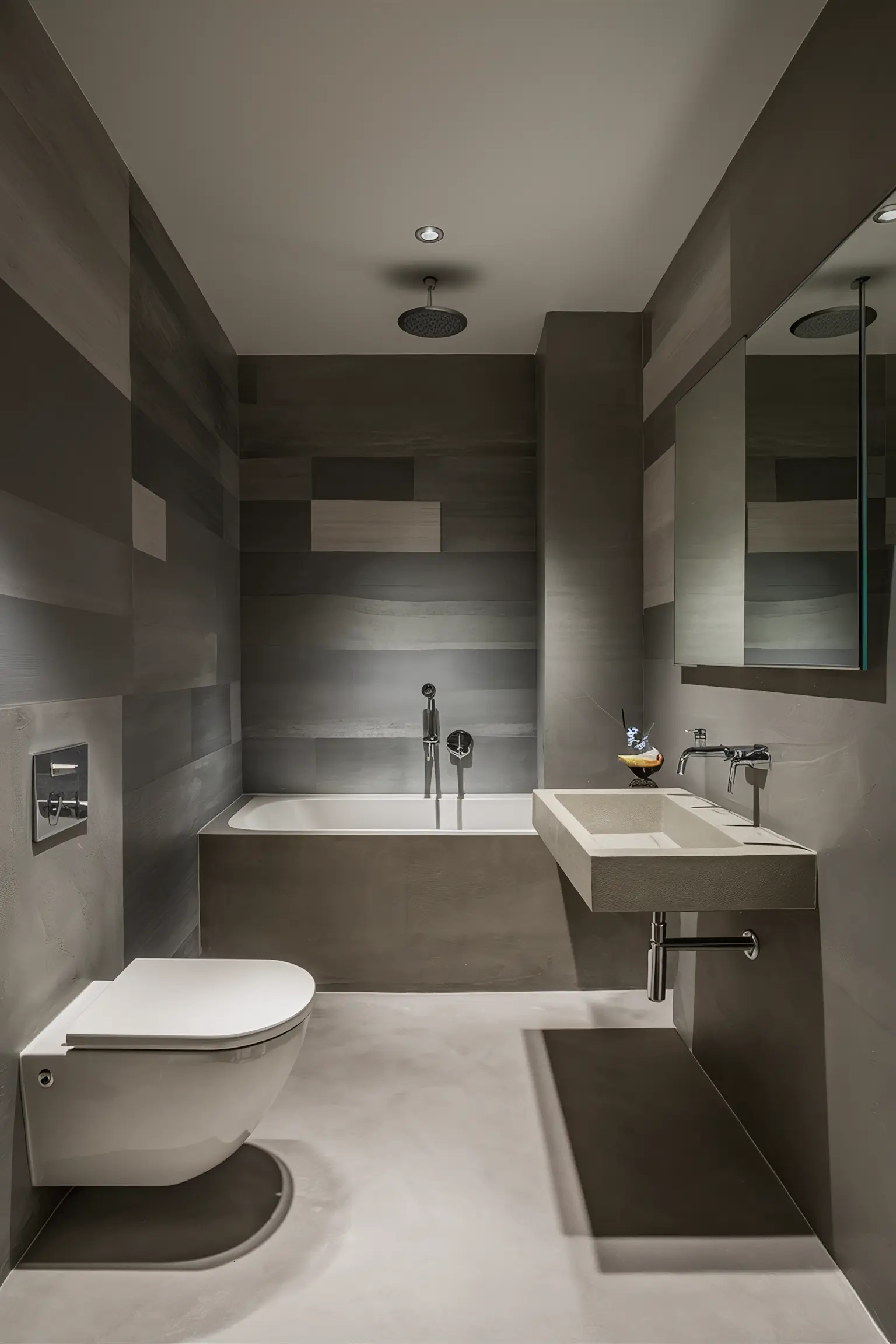 Bathroom with various shades of gray paint and sleek fixtures.