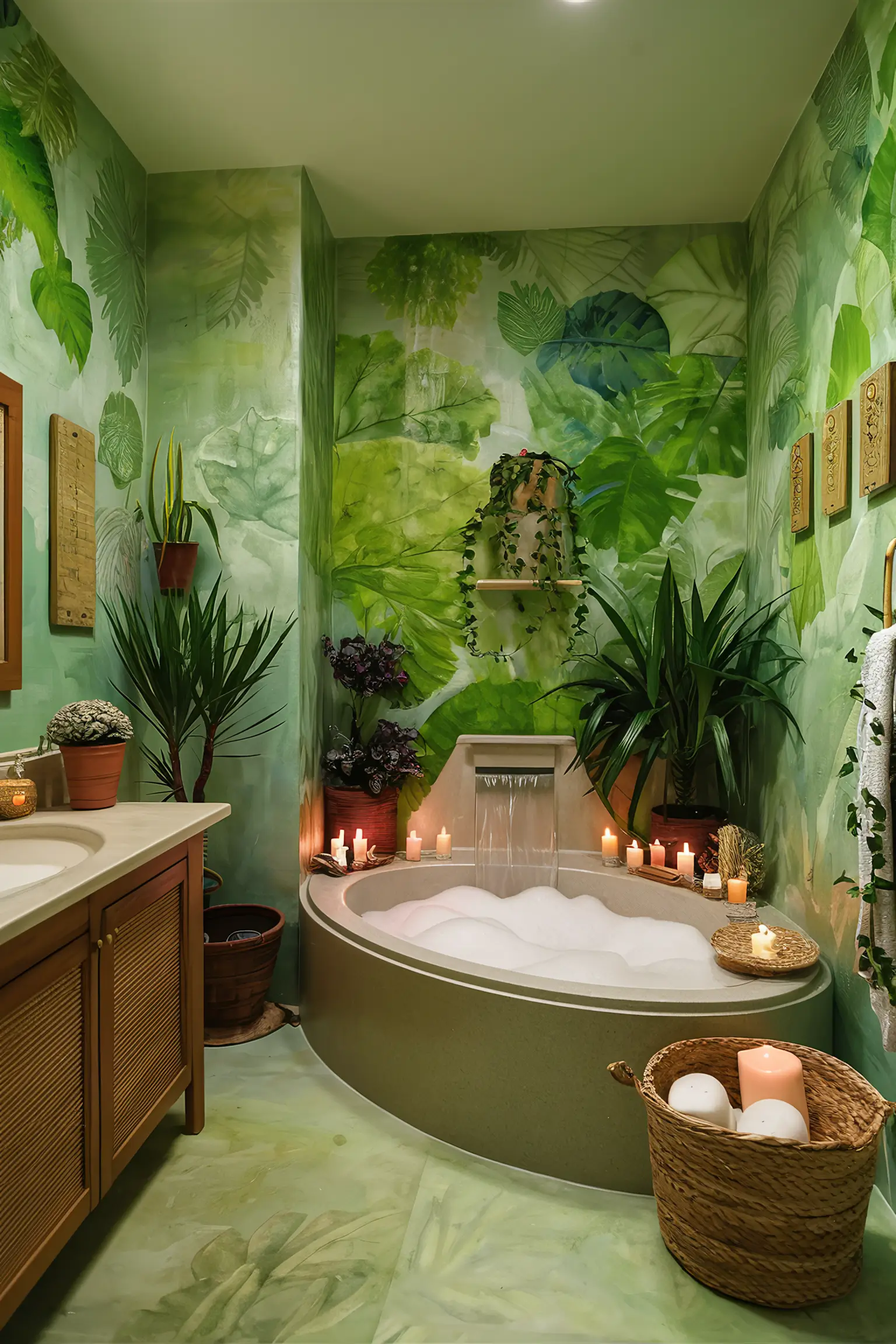 Bathroom with green walls in various shades and nature-inspired decor.