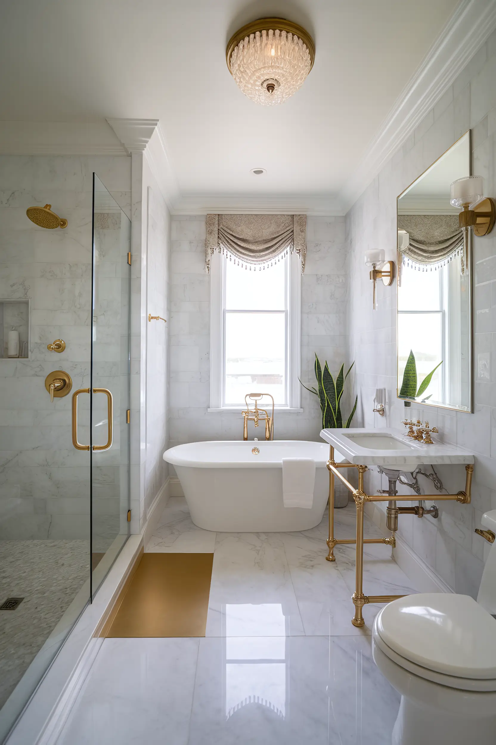 High-end small luxury bathroom with marble tiles, gold fixtures, and designer lighting.