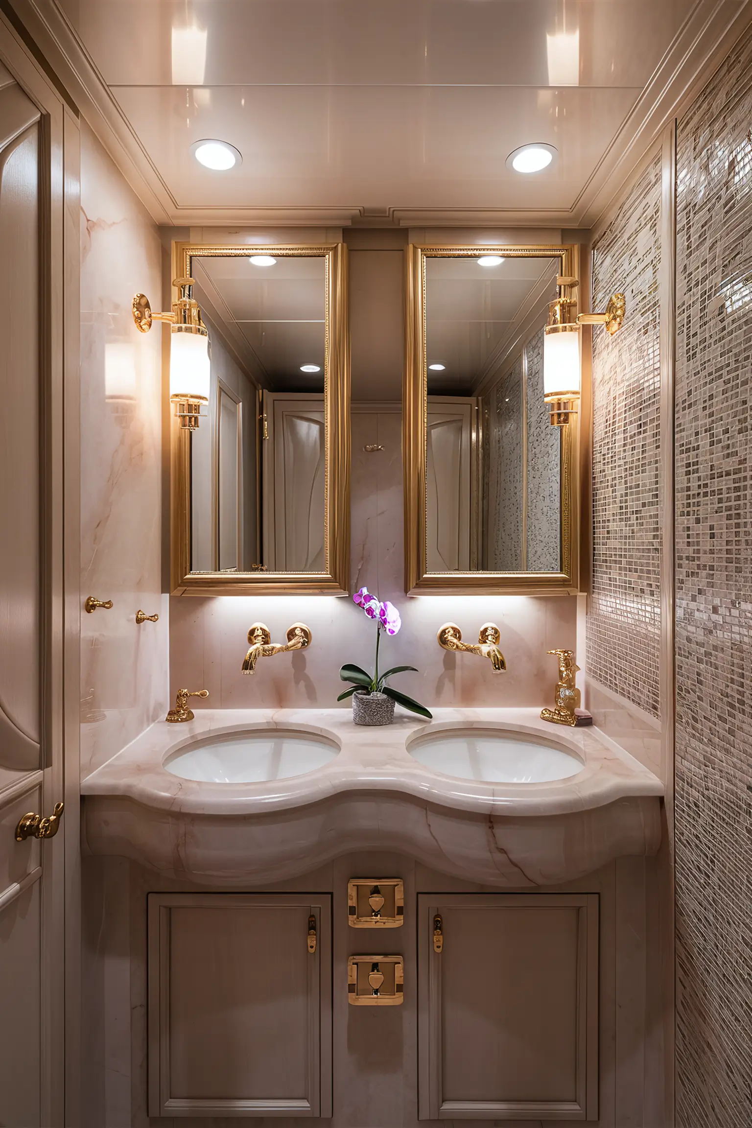 Modern small bathroom with space-saving fixtures and creative storage solutions.