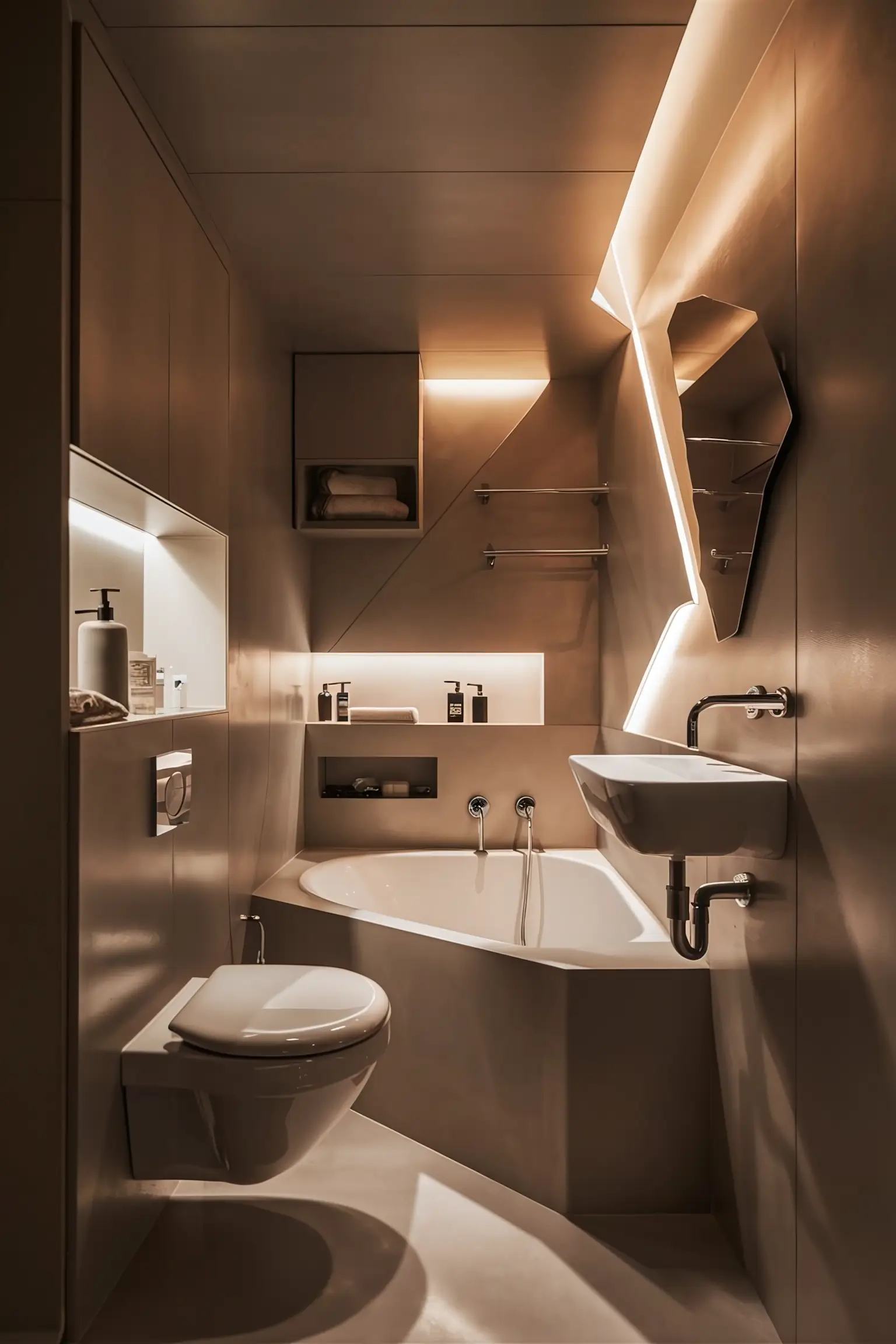Modern small bathroom with space-saving fixtures and creative storage solutions.