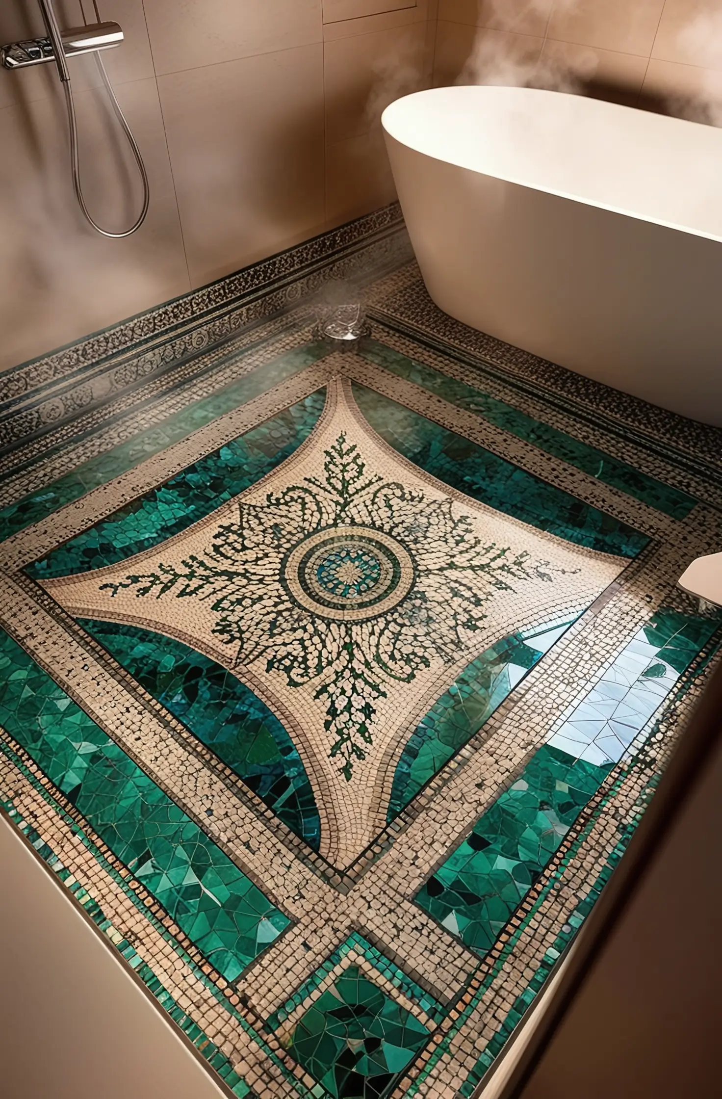 Bathroom with detailed mosaic floor tiles featuring intricate patterns and colors.