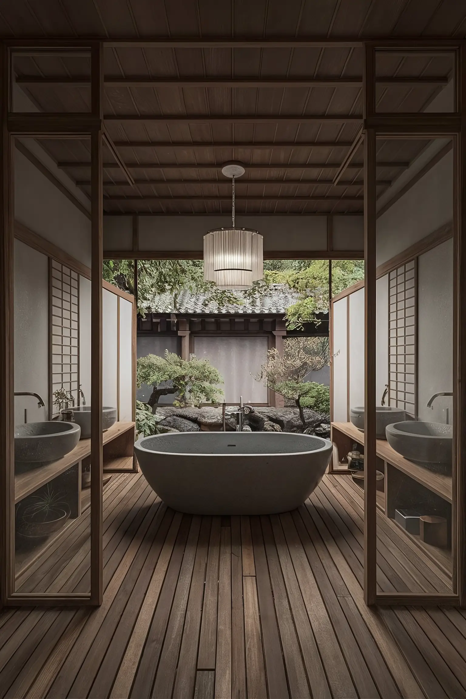 Japandi-style bathroom with clean lines and natural materials.