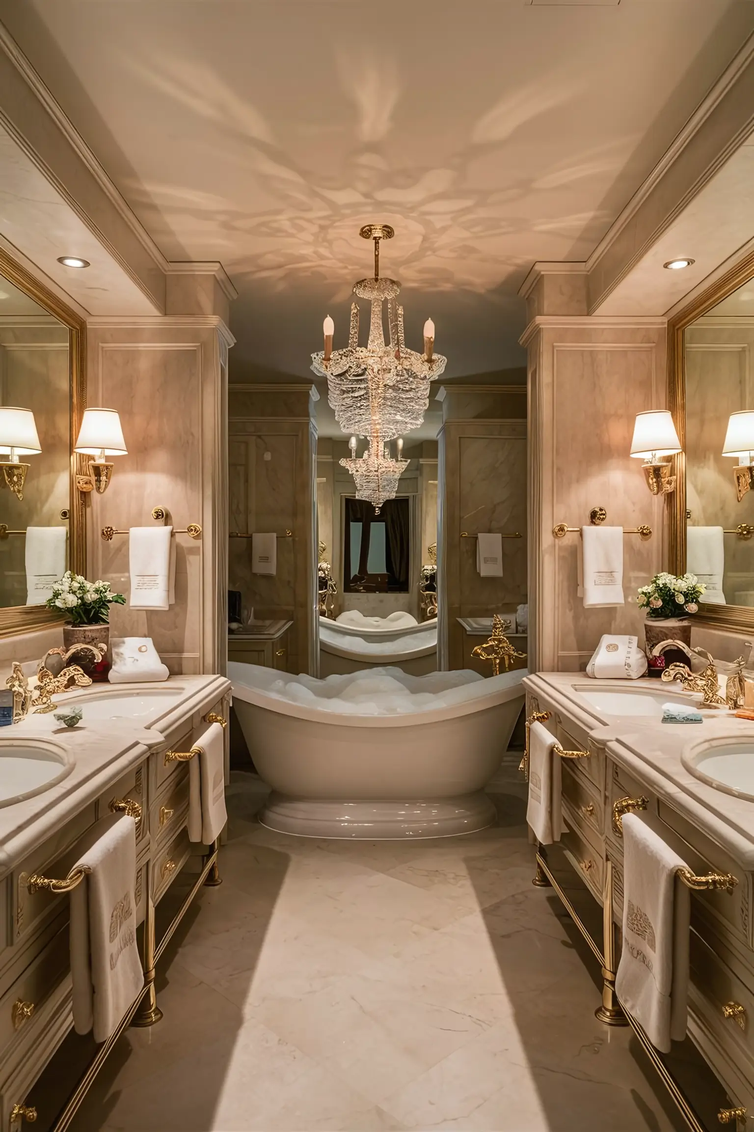 Luxury bathroom with marble countertops and gold fixtures.