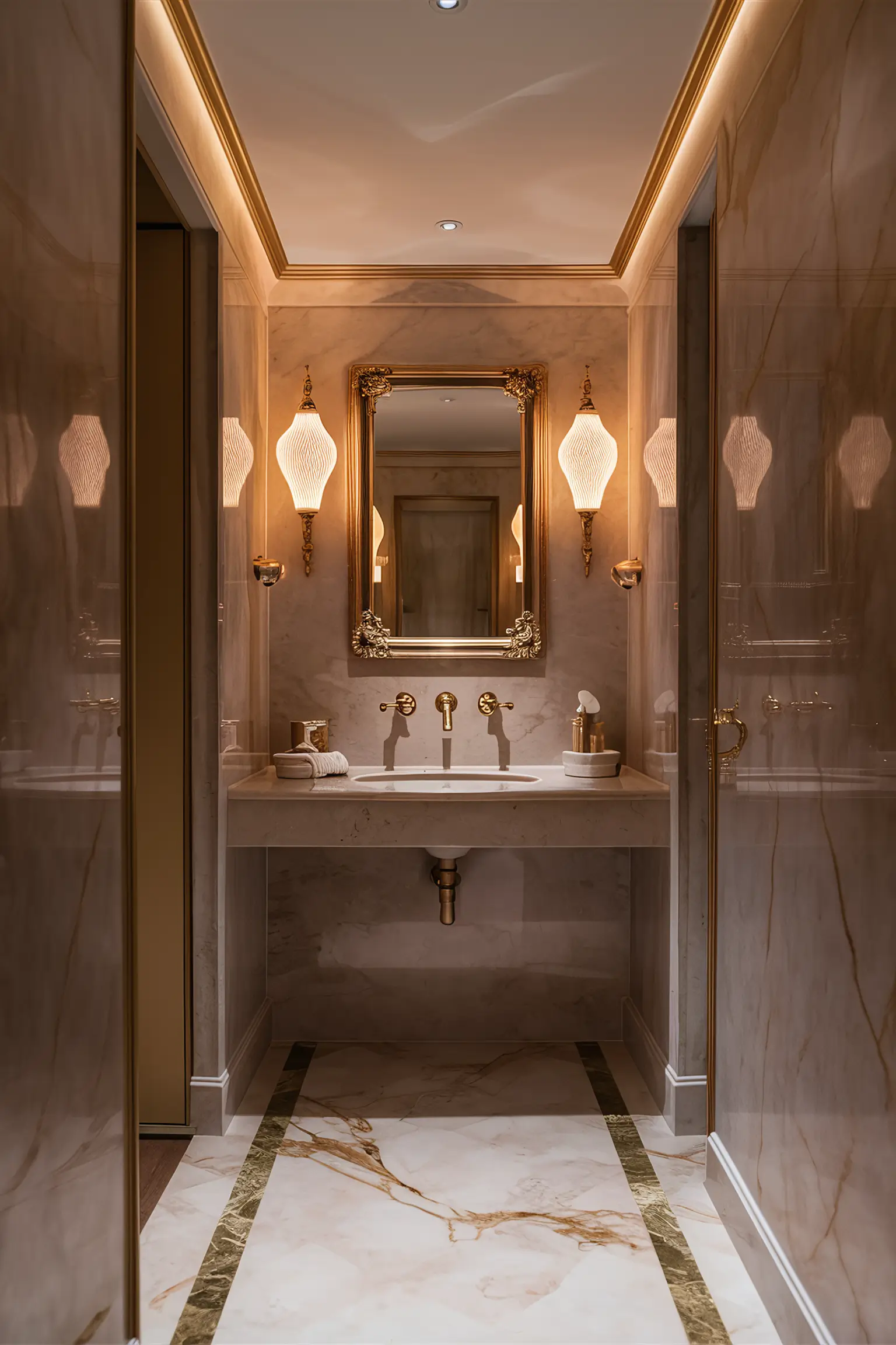 Small luxury bathroom with marble floors and walls, gold accents, and soft lighting.