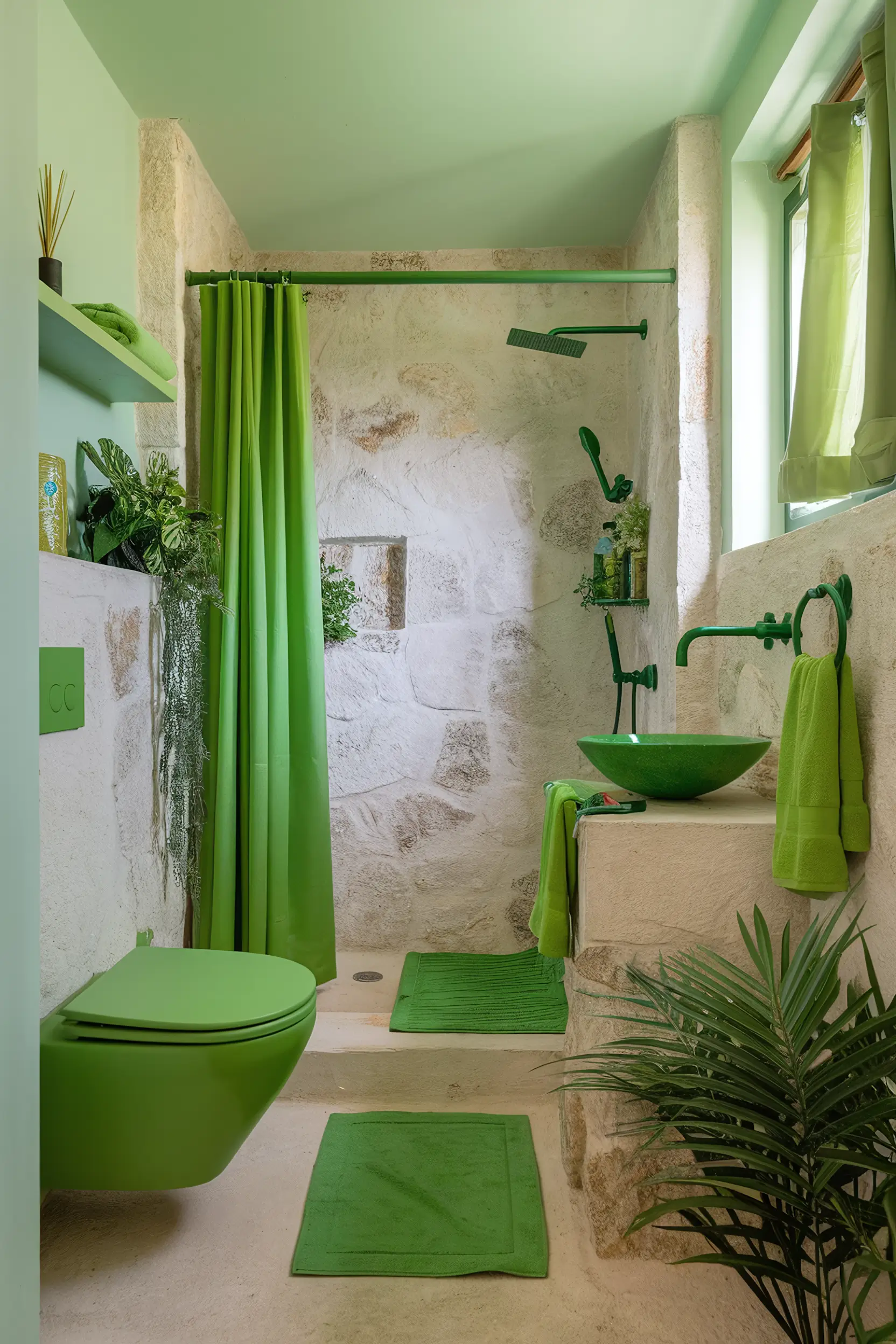 Vibrant small luxury bathroom with green accents, lush plant decor, and natural stone surfaces.