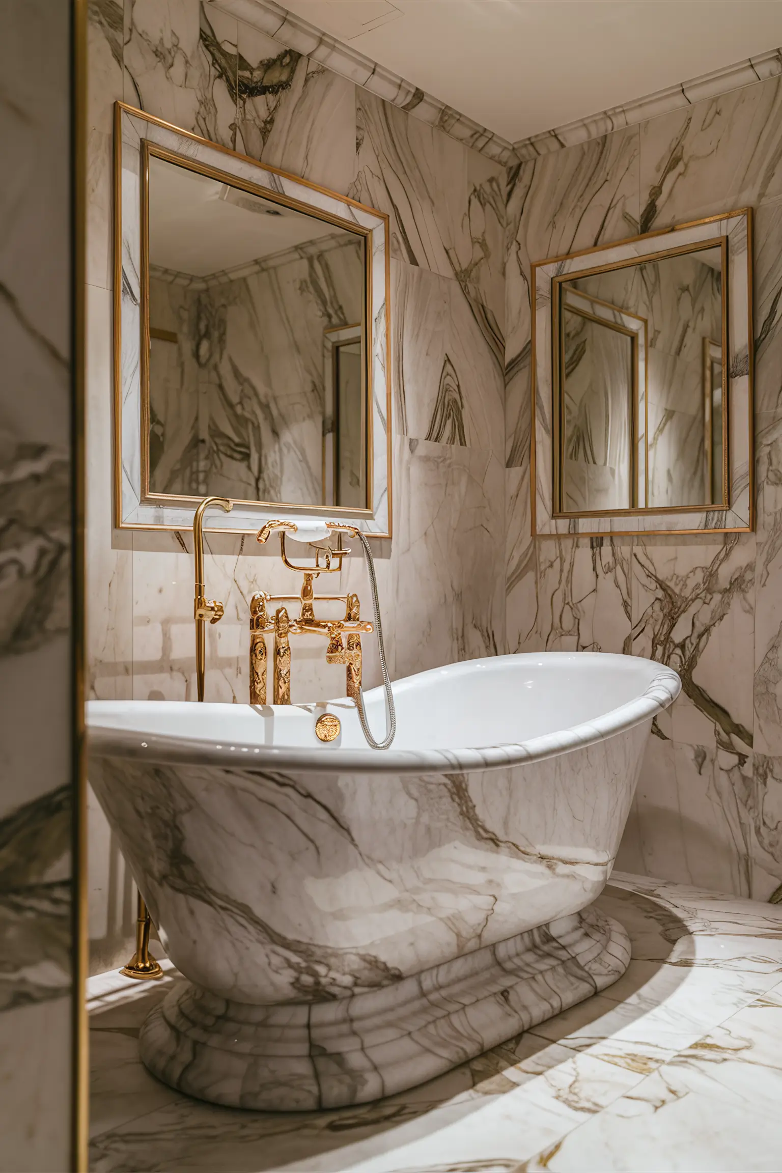 Small luxury bathroom with an opulent freestanding tub, marble tiles, and gold fixtures.