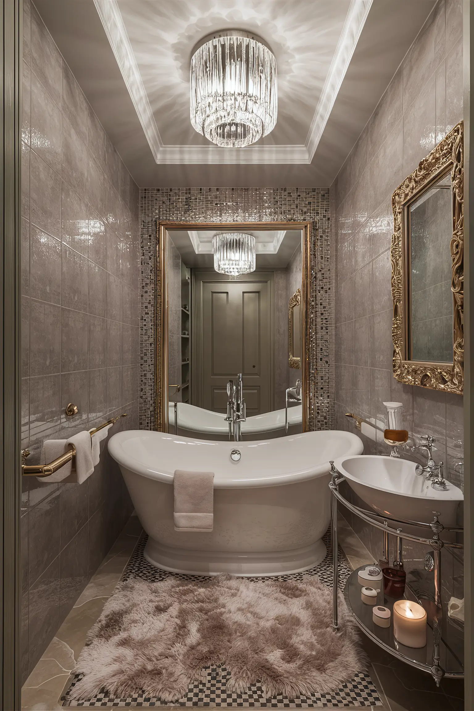 Small master bathroom with luxury elements, including a freestanding tub and high-end fixtures.