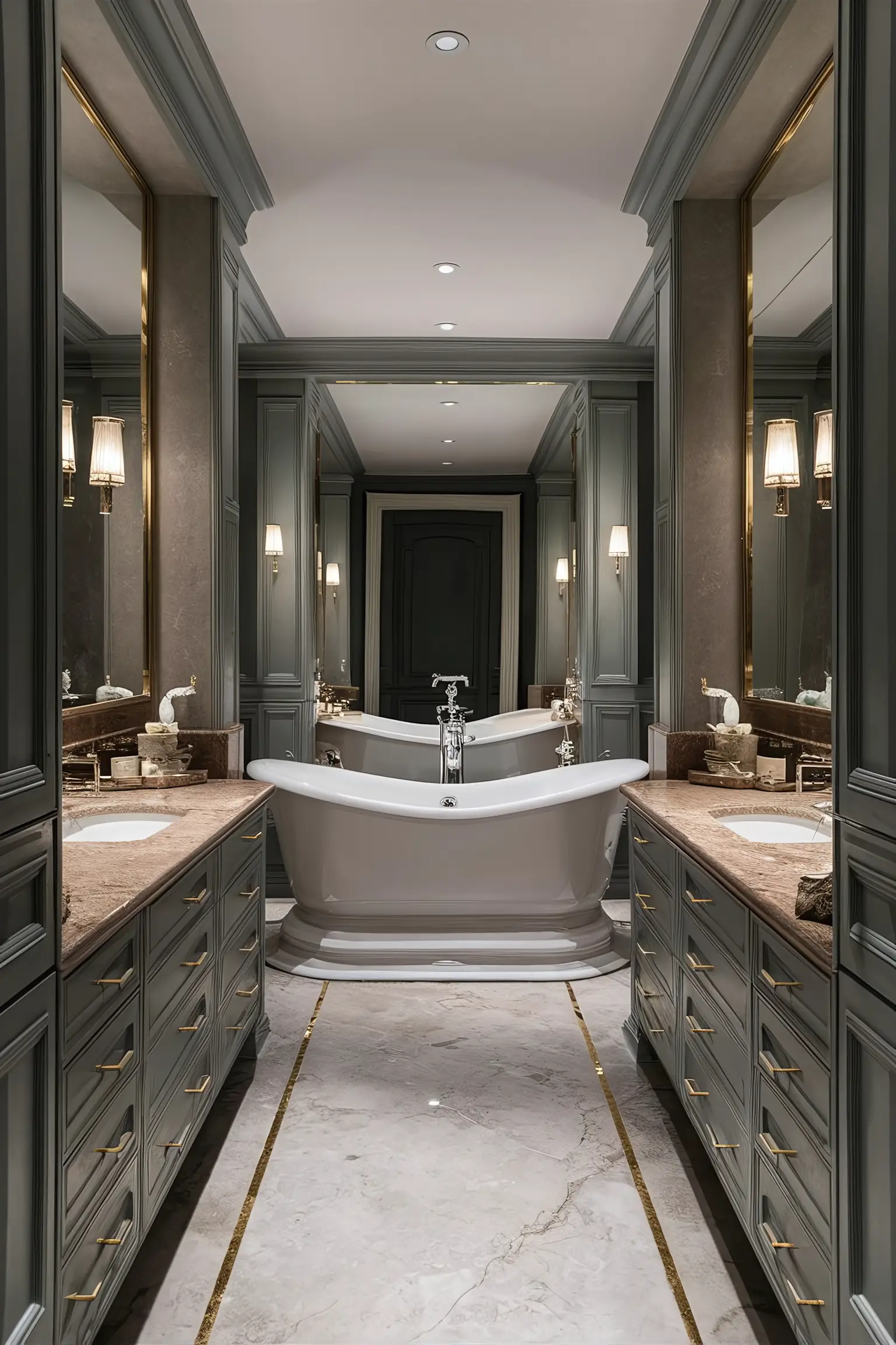 Small master bathroom with luxury elements, including a freestanding tub and high-end fixtures.
