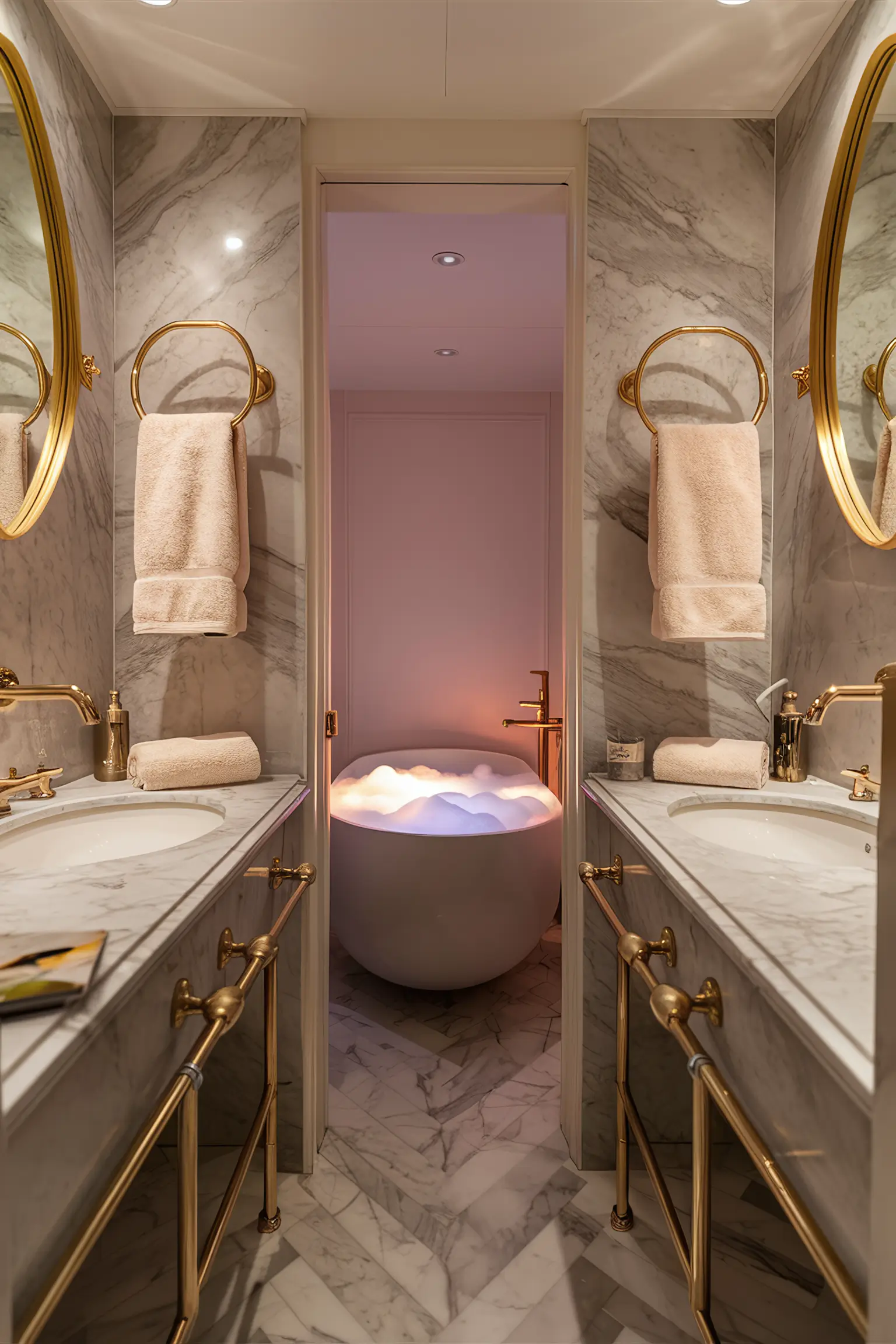 Small luxury bathroom with marble countertops and gold fixtures.