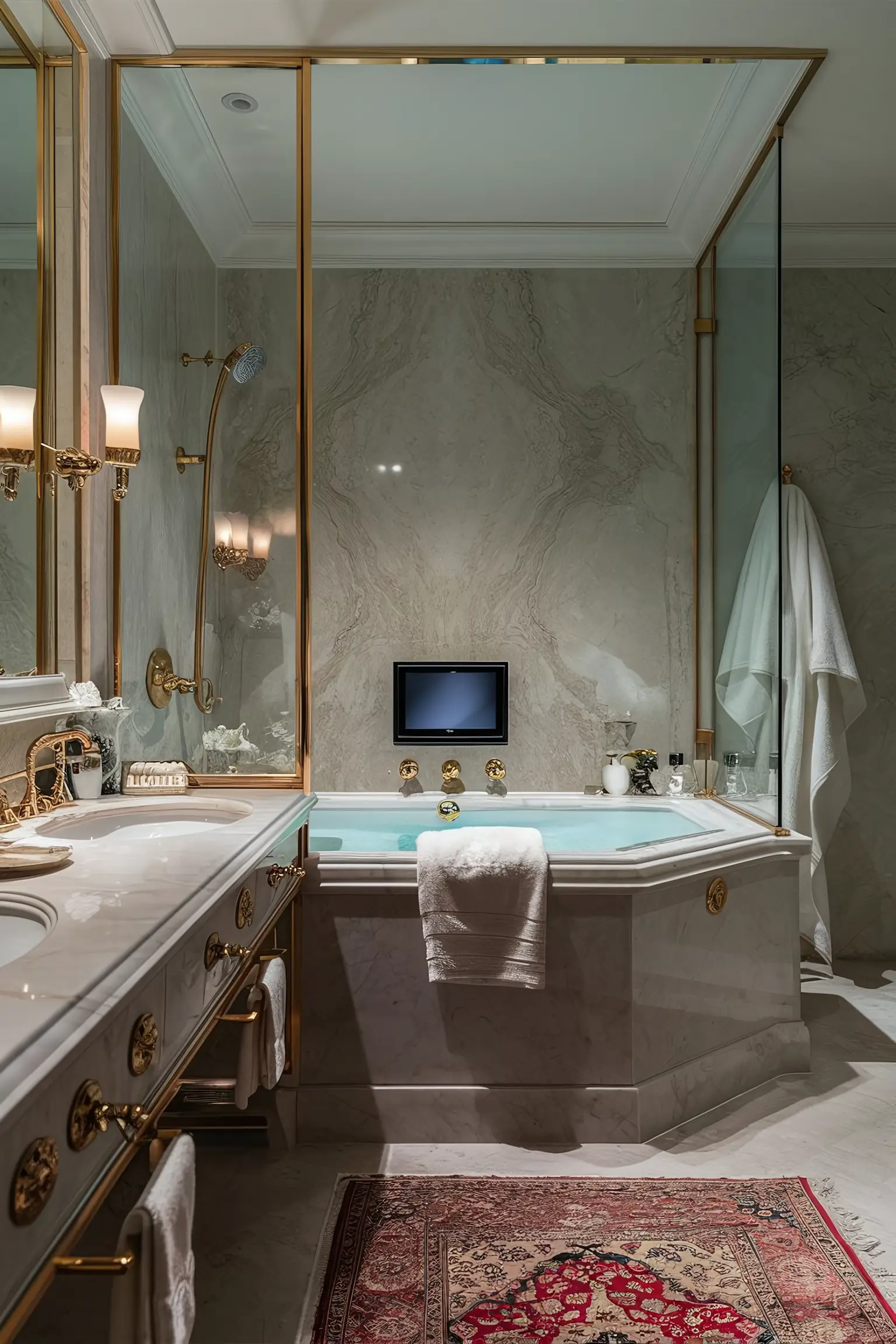 Small luxury bathroom with marble countertops and gold fixtures.