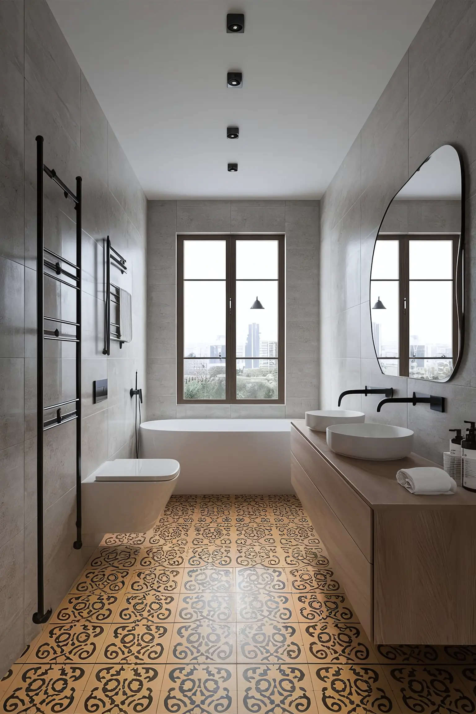 Master bathroom with luxurious floor tiles in stunning designs.