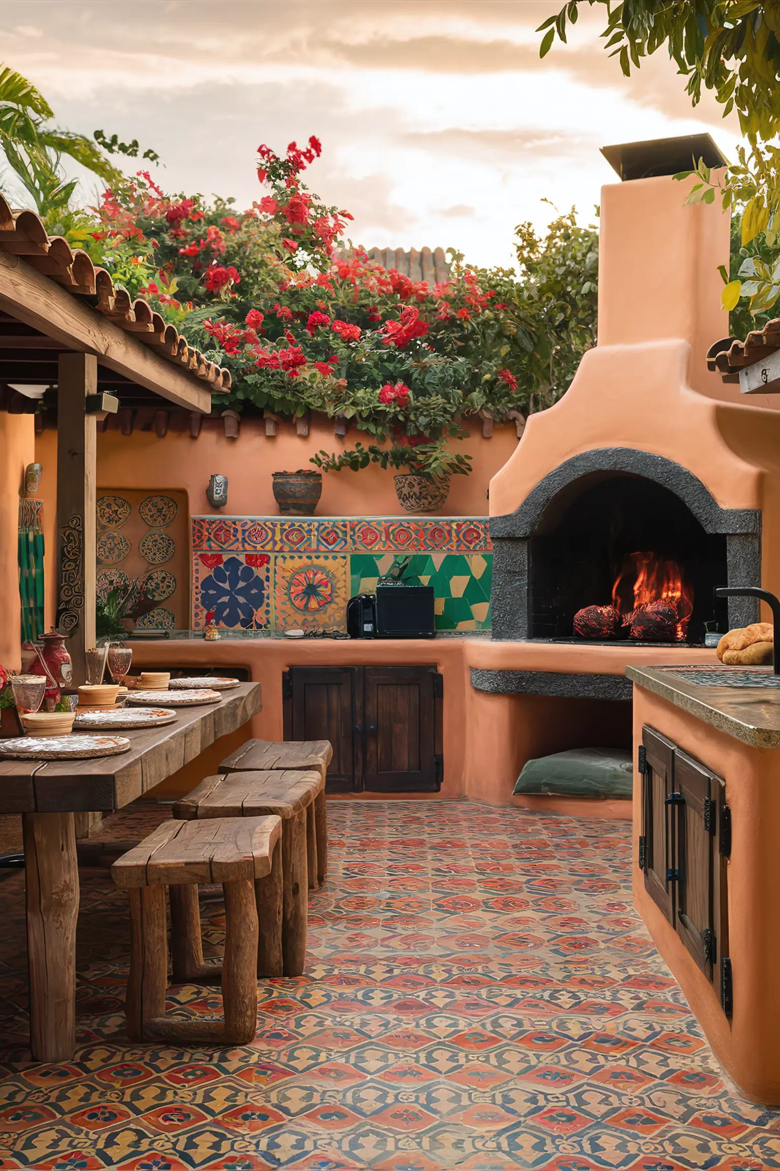 Mexican-inspired backyard kitchen with colorful tiles and rustic furniture.
