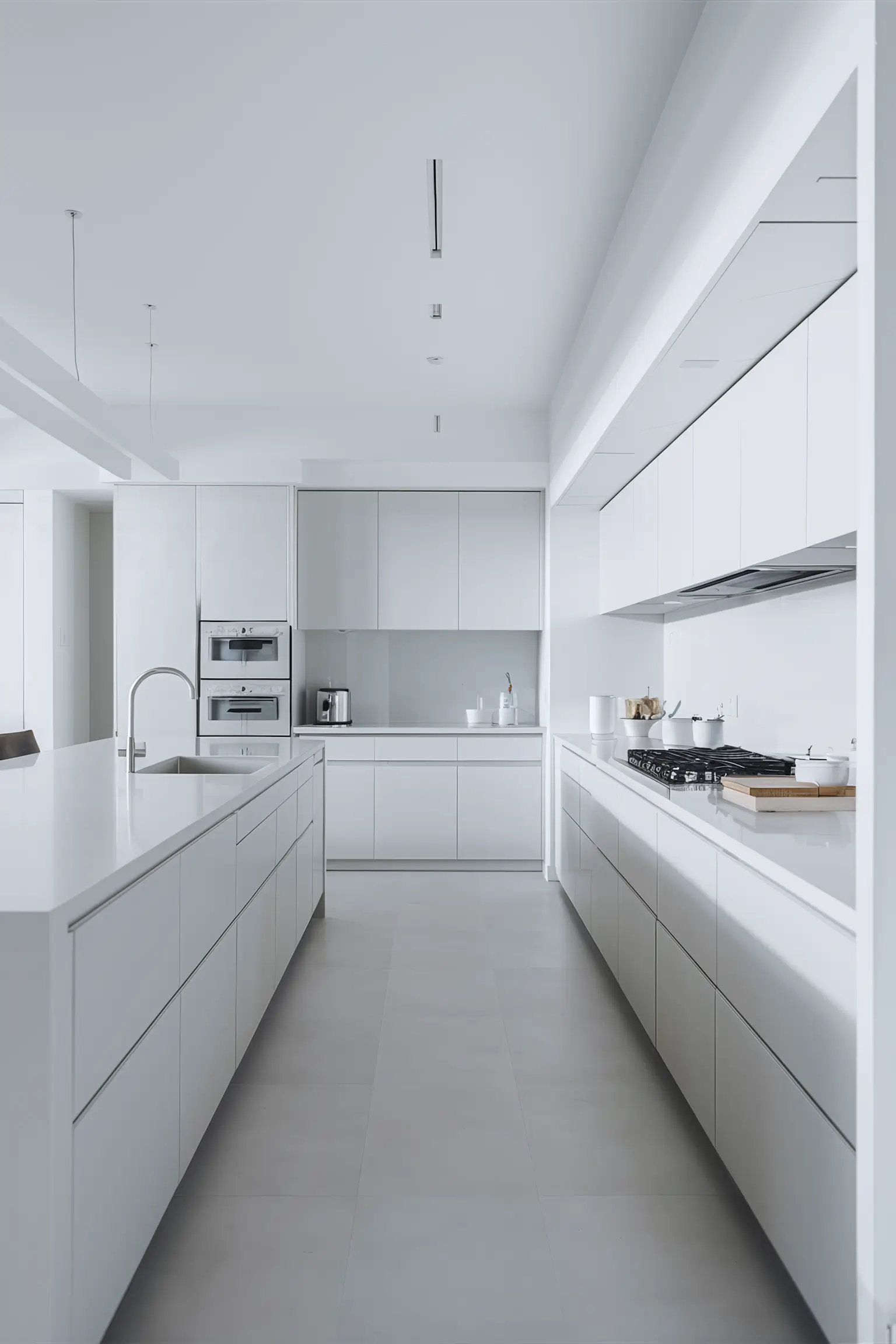 Minimalistic white kitchen with clean lines and uncluttered surfaces.
