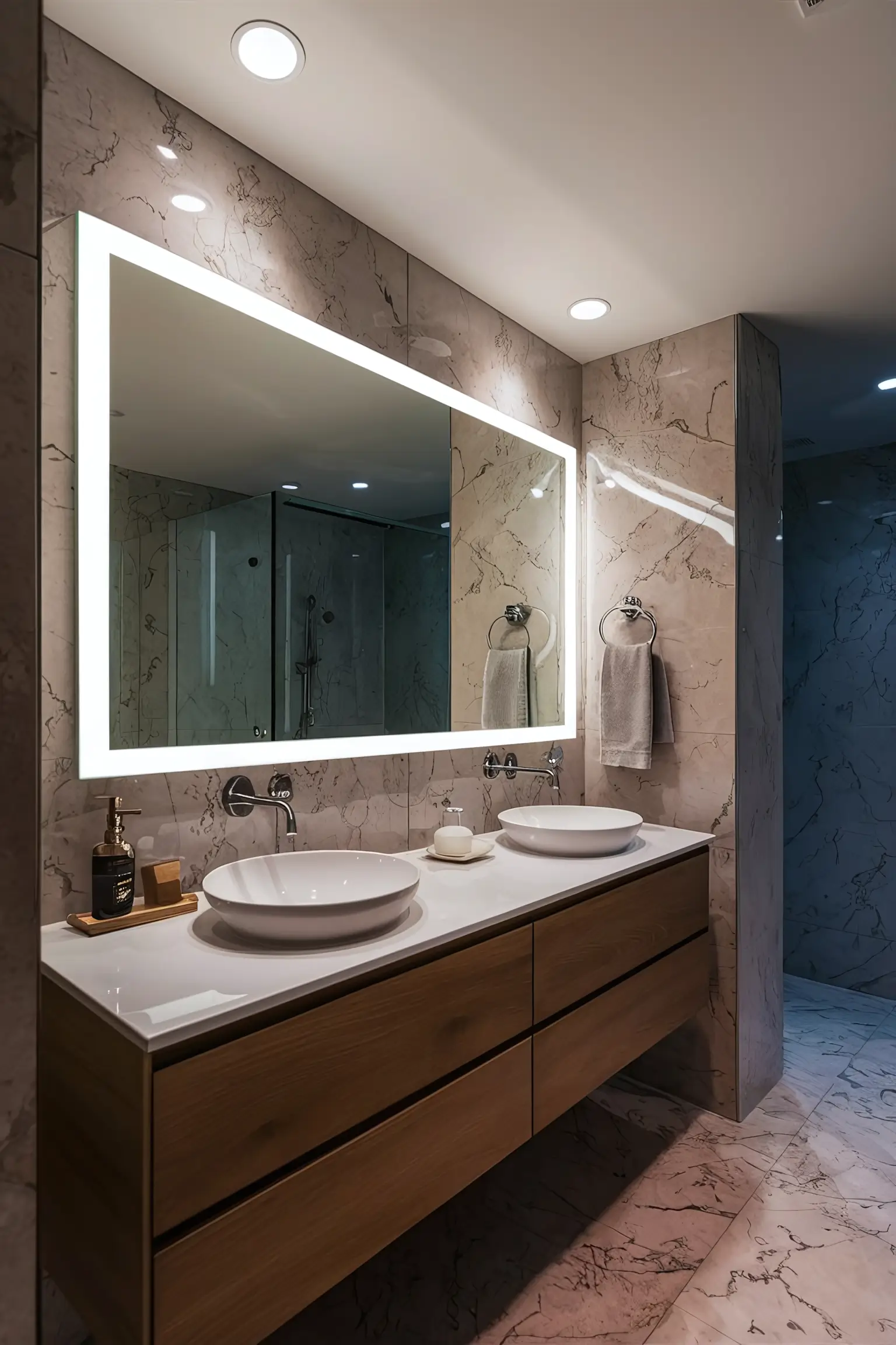 Bathroom mirror with integrated lighting featuring sleek LED lights around the edges.