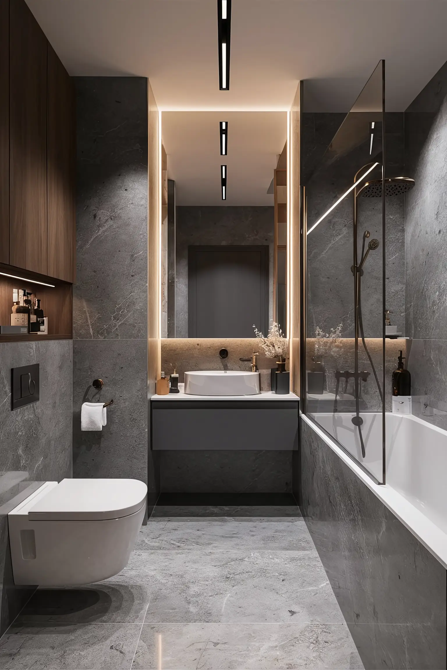 Modern bathroom with contemporary decor and sleek lines.