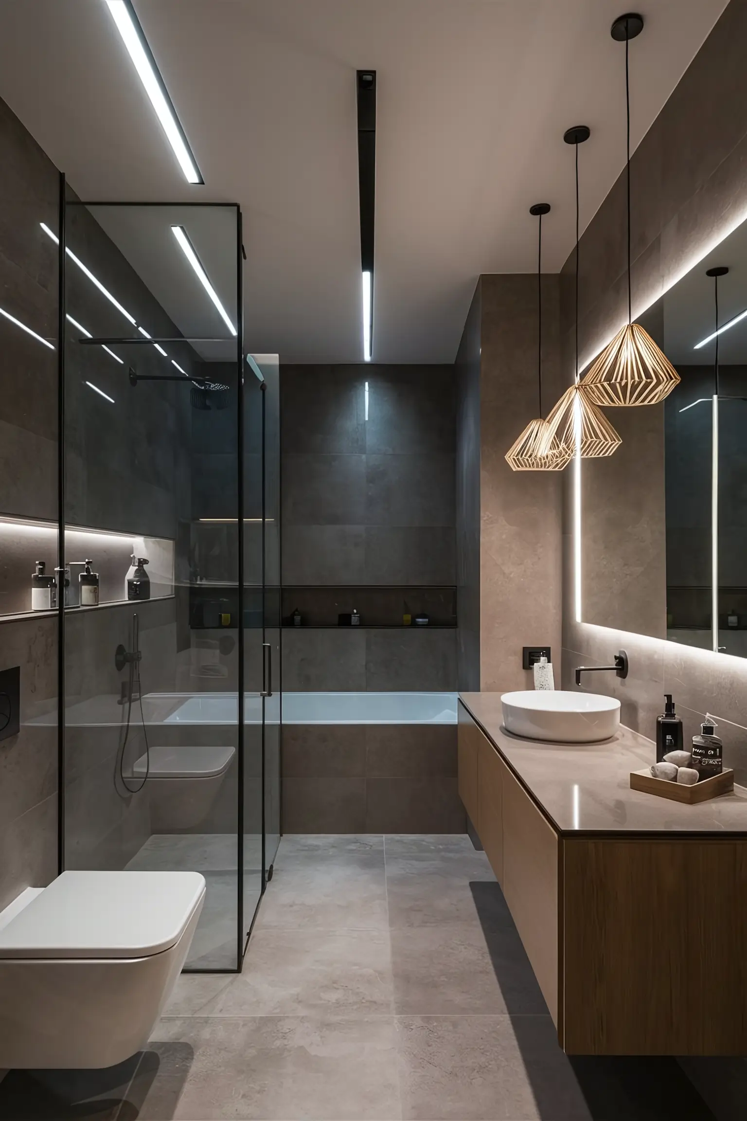 Modern bathroom with sleek, contemporary lighting fixtures including LED strip lights and geometric pendant lights.