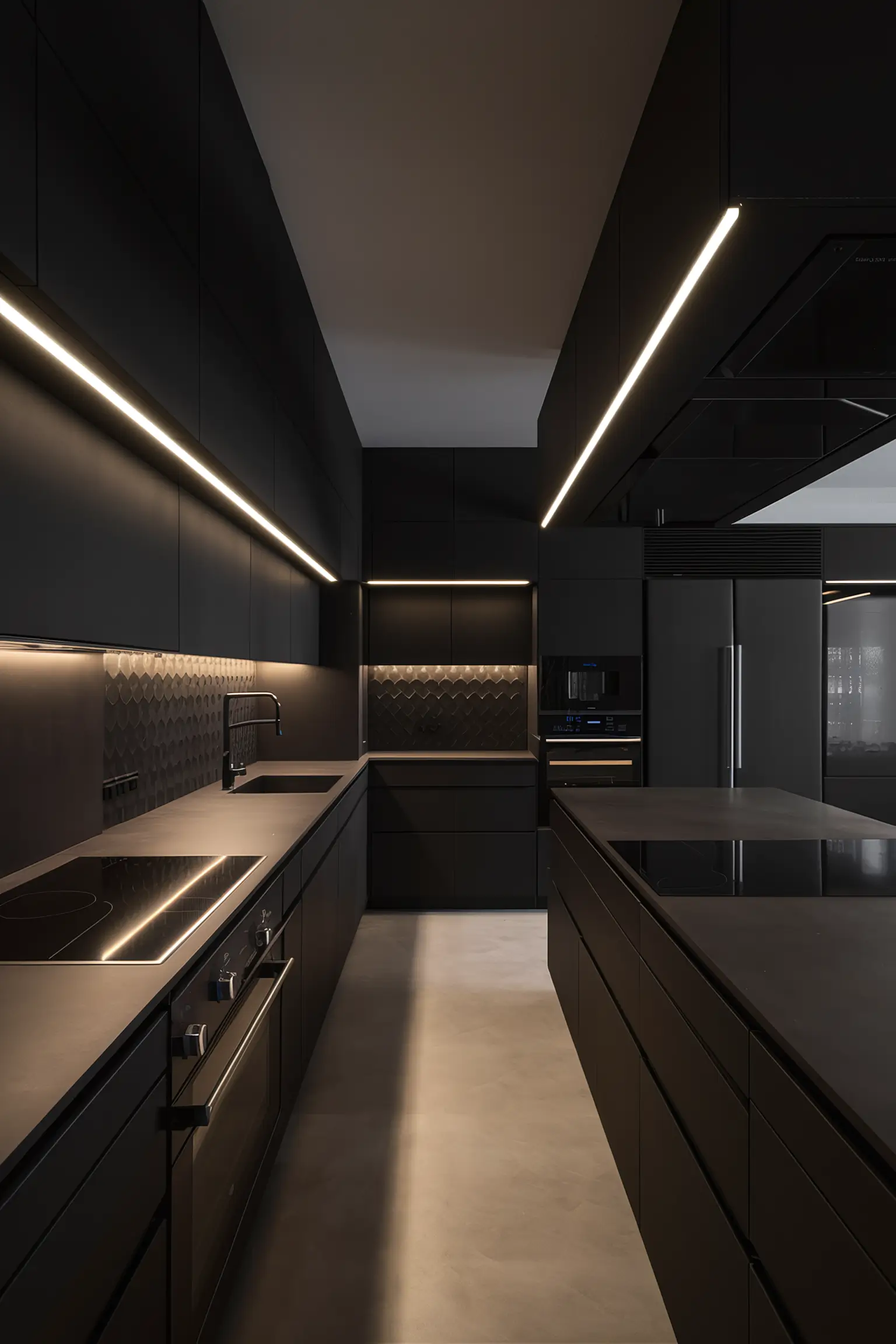 Modern black kitchen with minimalist design elements and high-tech appliances.