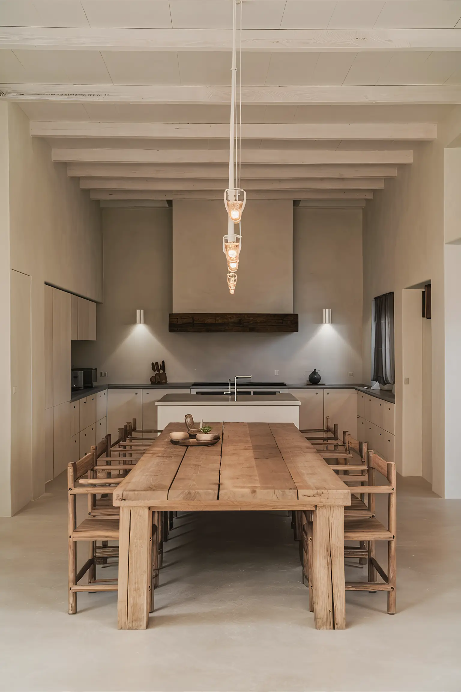 Minimalistic modern farmhouse kitchen with rustic wood accents and contemporary lighting.