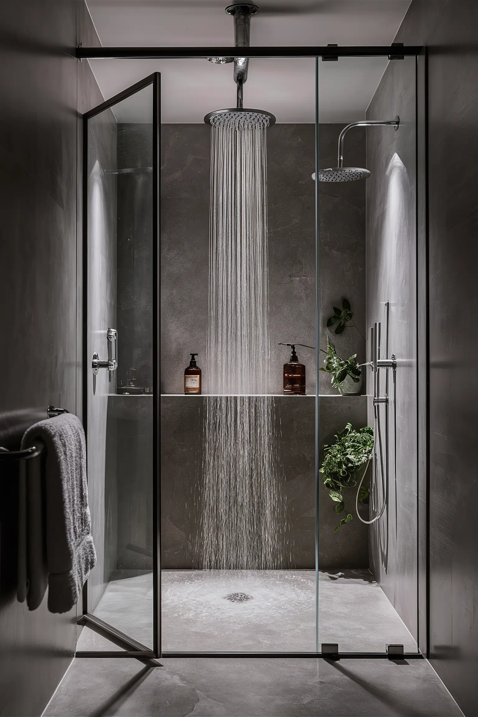 Small modern luxury bathroom with a walk-in shower, frameless glass door, and rainfall showerhead.