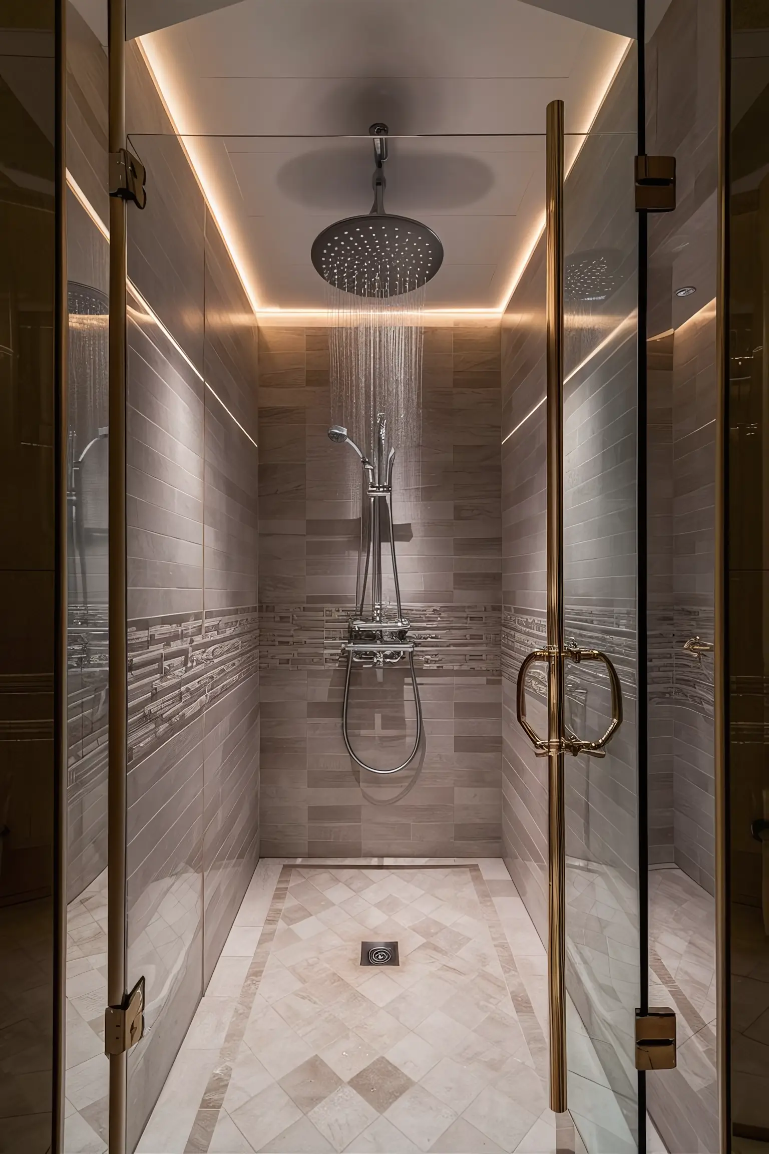 Small modern luxury bathroom with a walk-in shower, frameless glass door, and rainfall showerhead.