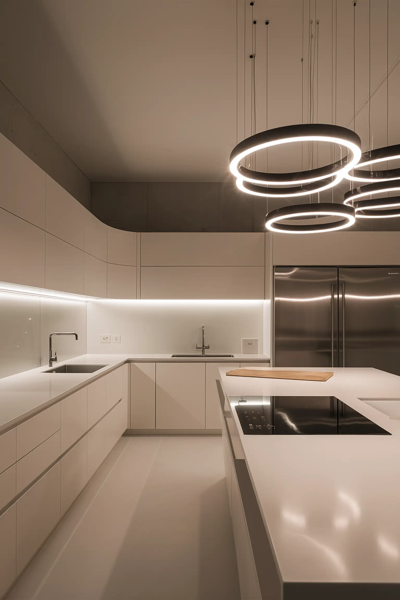 Minimalistic white kitchen with modern elements and high-tech appliances.