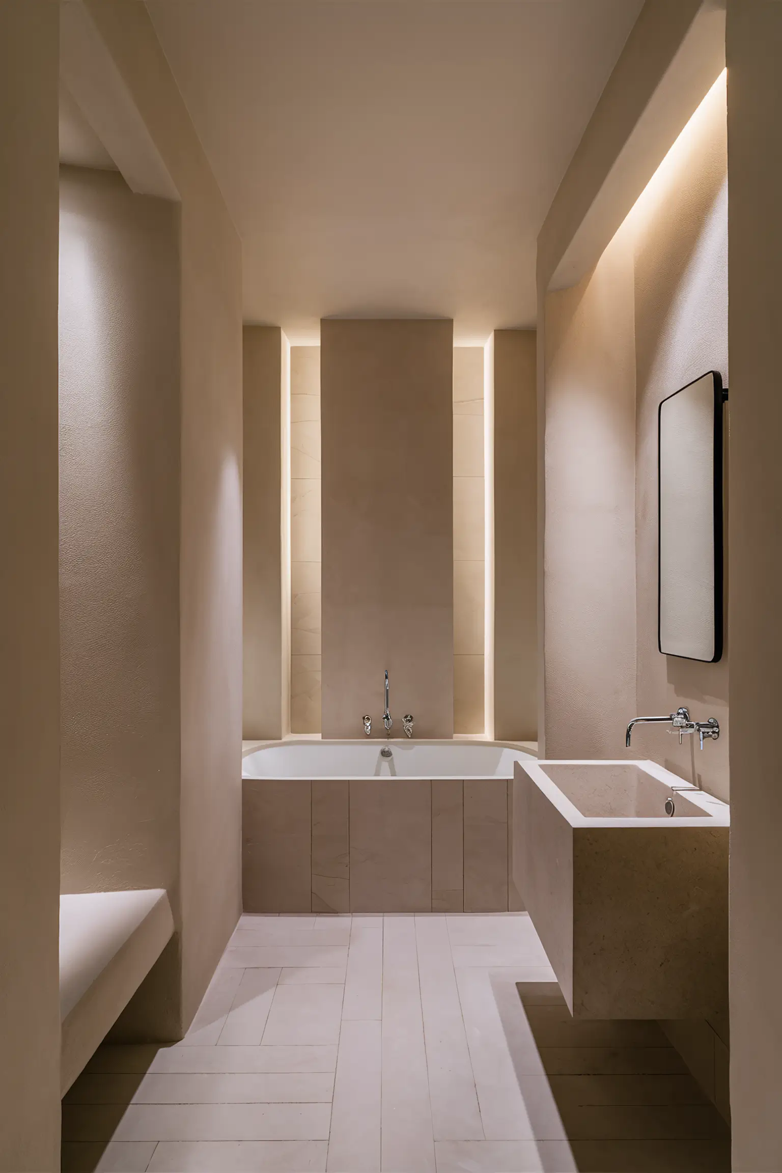 Bathroom with neutral paint colors and chic decor.