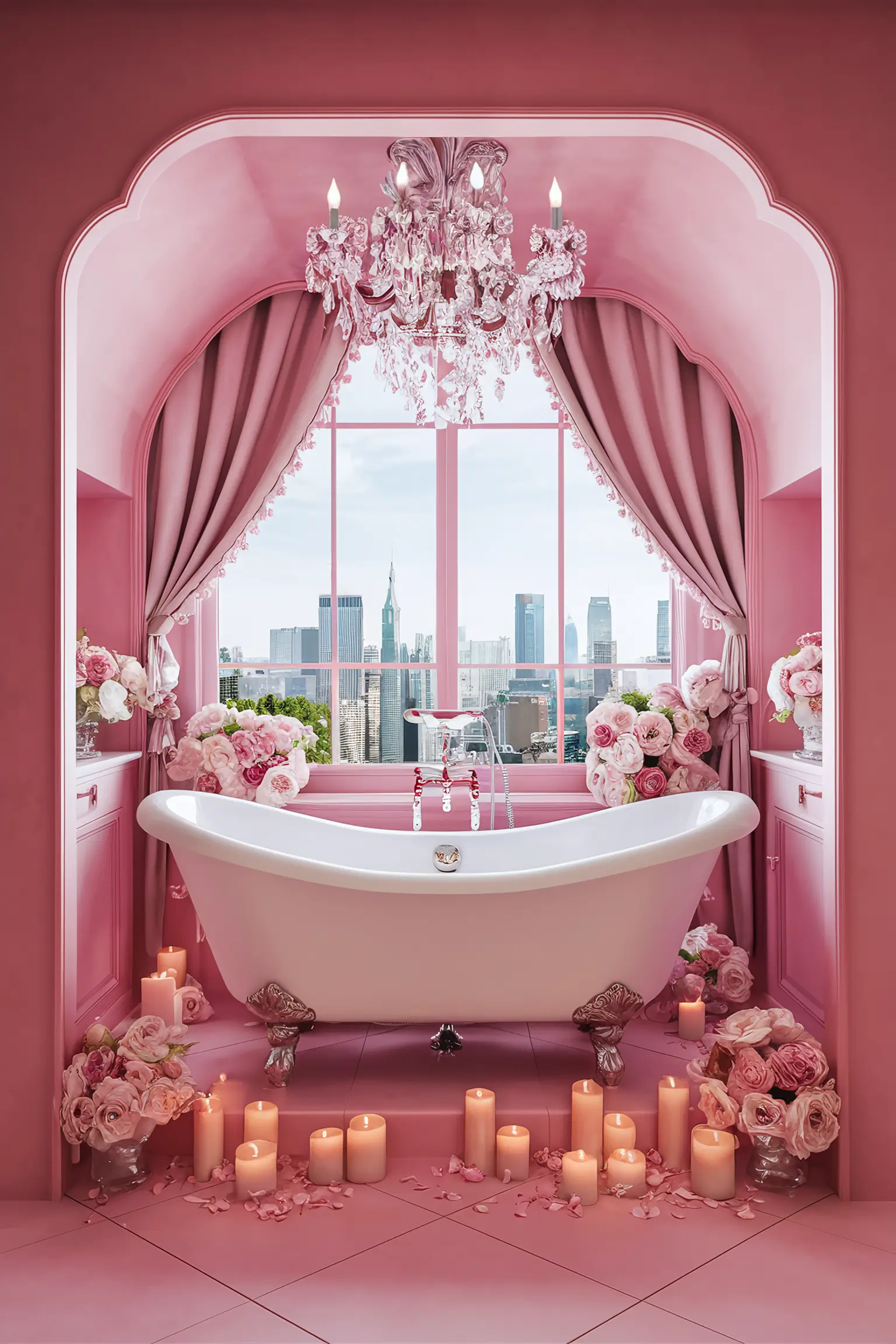 Bathroom with pink walls and vintage-inspired decor.