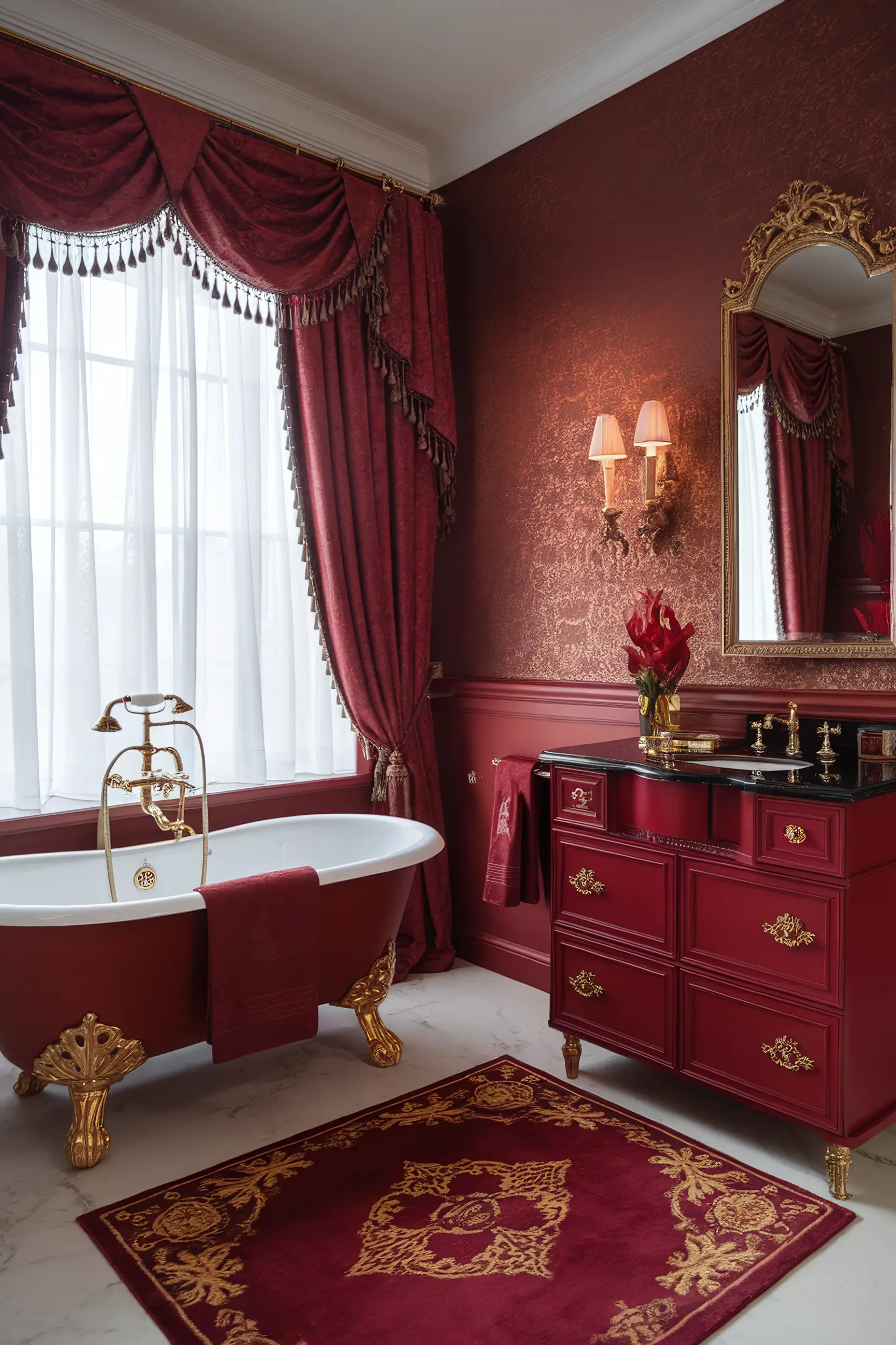 Regal small luxury bathroom with royal-inspired design elements, rich colors, and ornate fixtures.