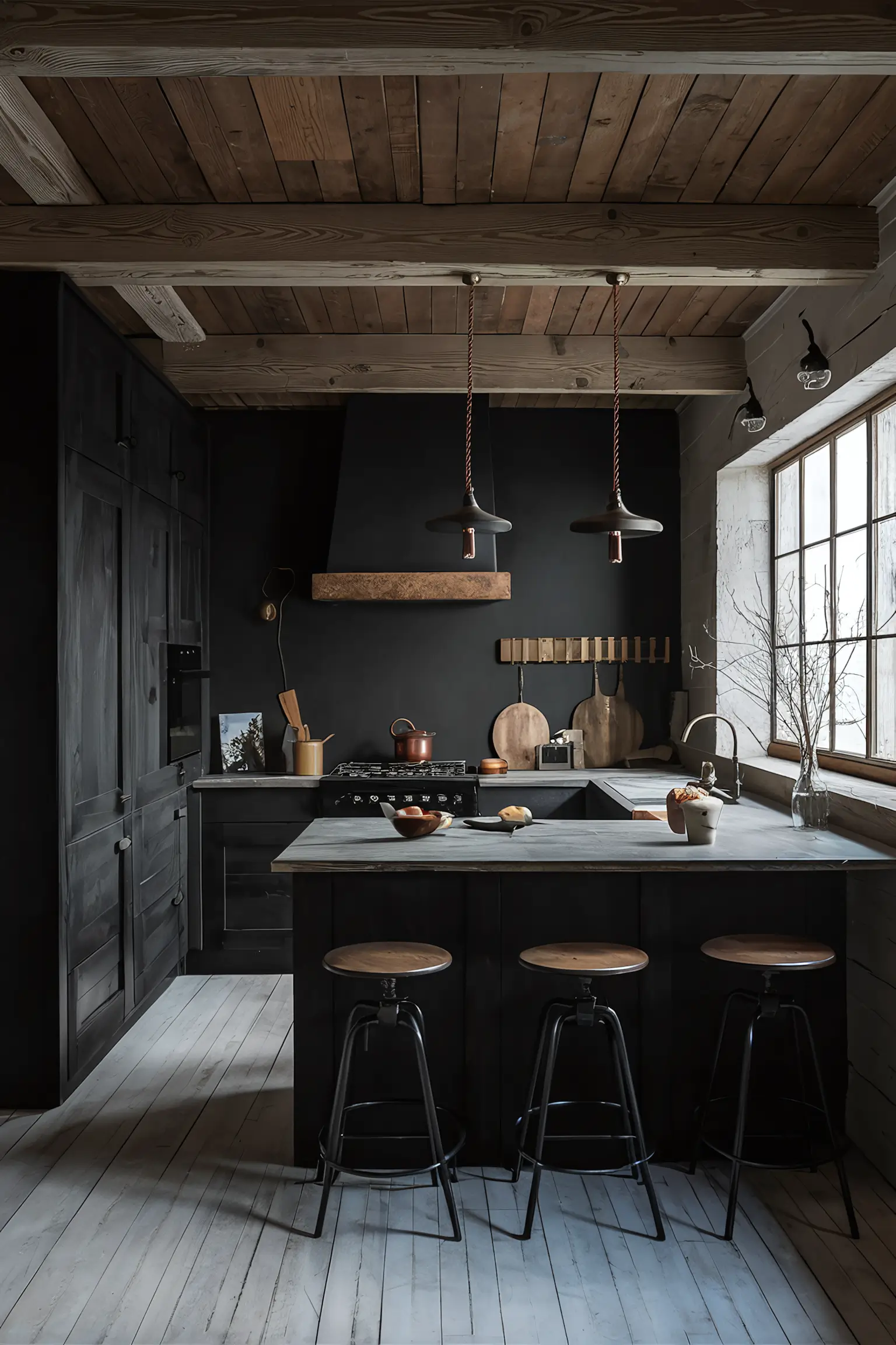 Rustic black kitchen with wooden beams and vintage fixtures.