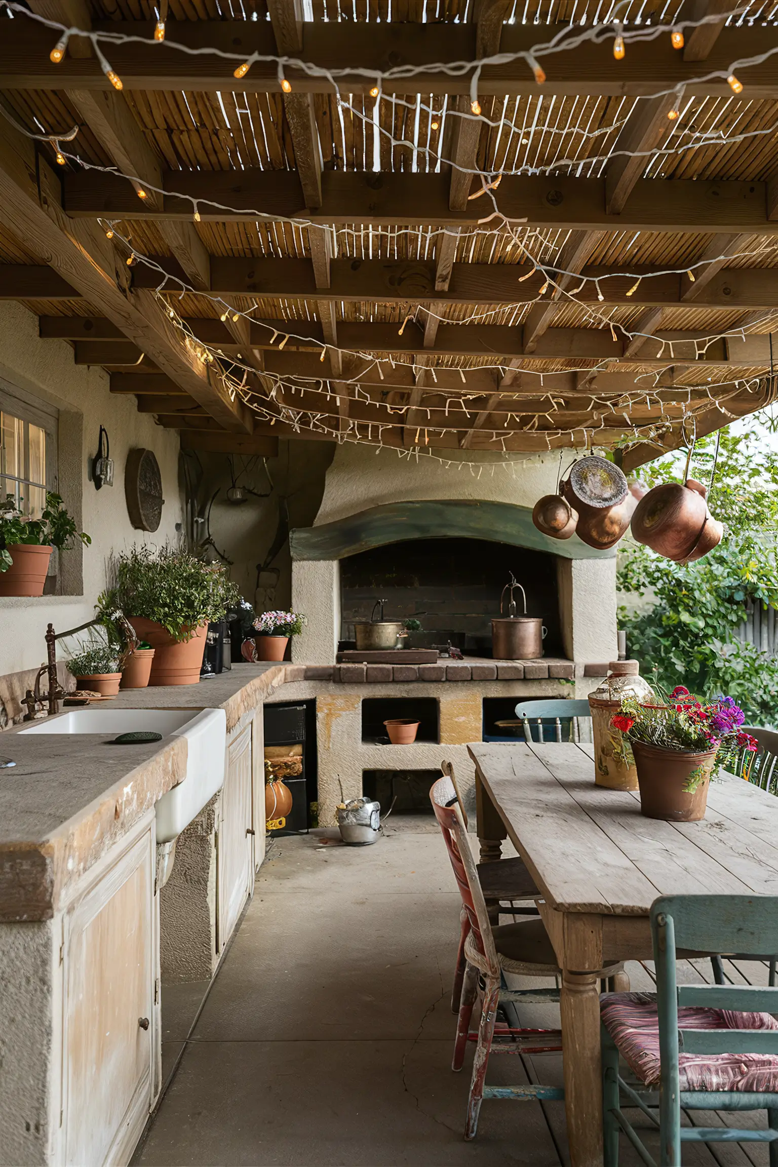 Rustic backyard kitchen with wooden pergola and stone countertops.