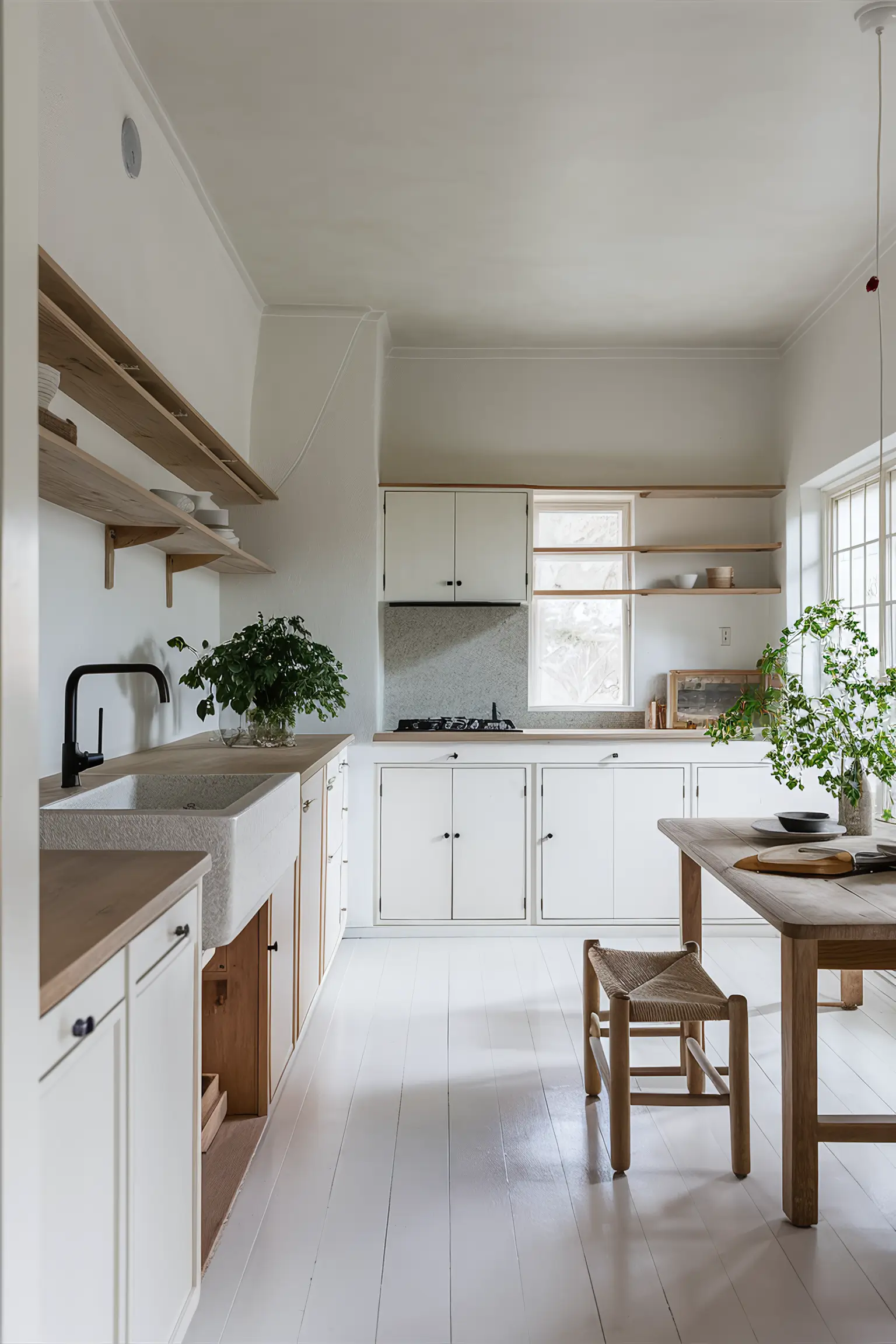 Minimalistic white kitchen with Japandi style and natural materials.