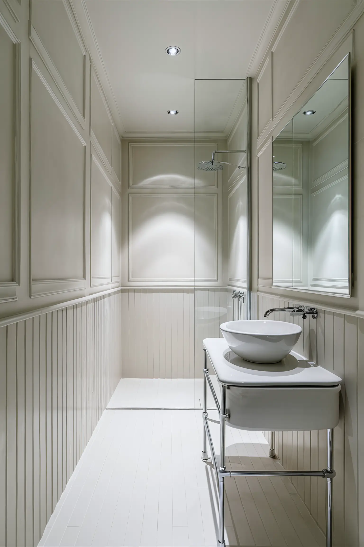 Small bathroom with light, airy paint colors and minimalist decor.