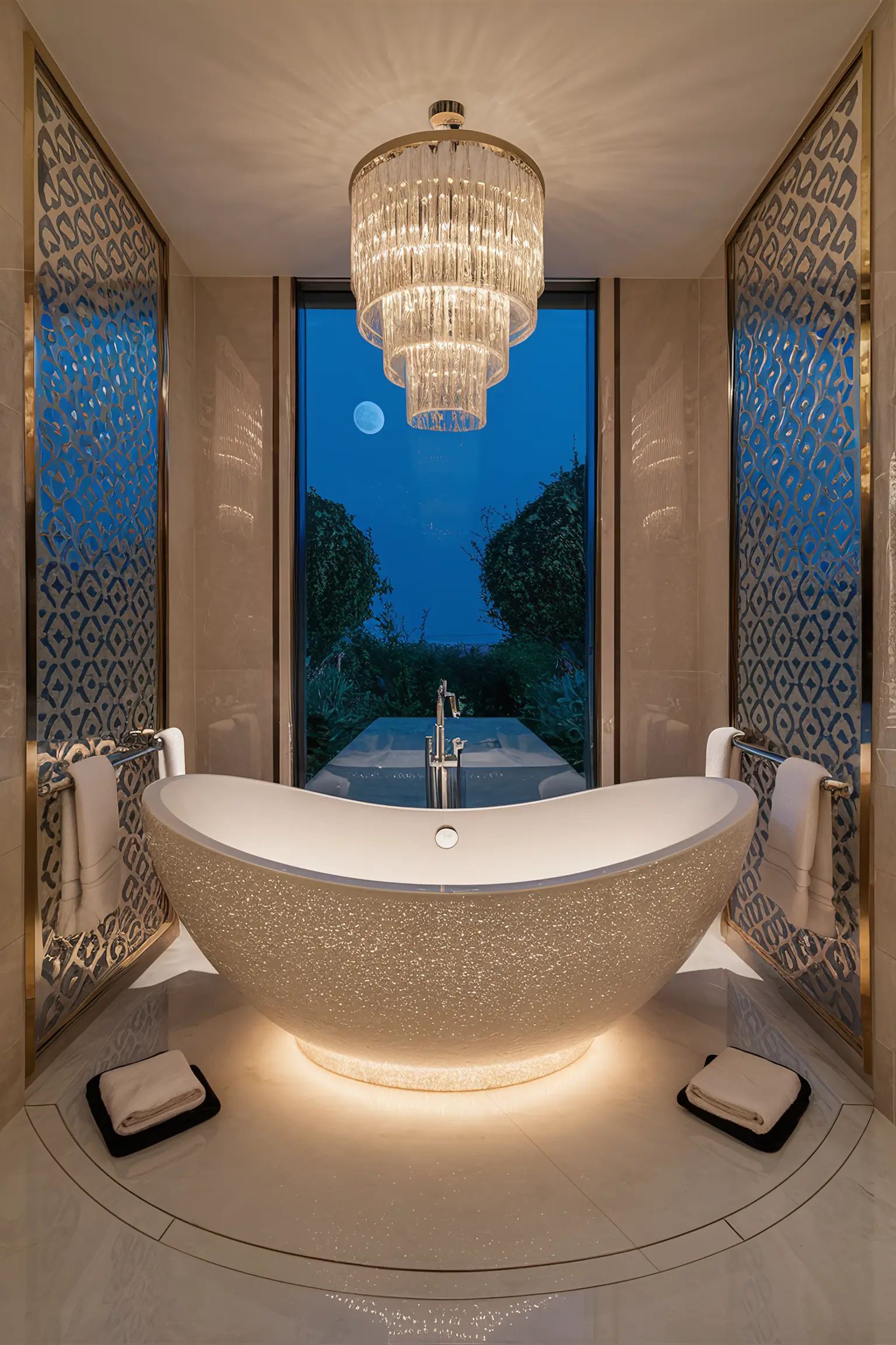Small bathroom with a sparkling, modern bathtub surrounded by luxurious decor.