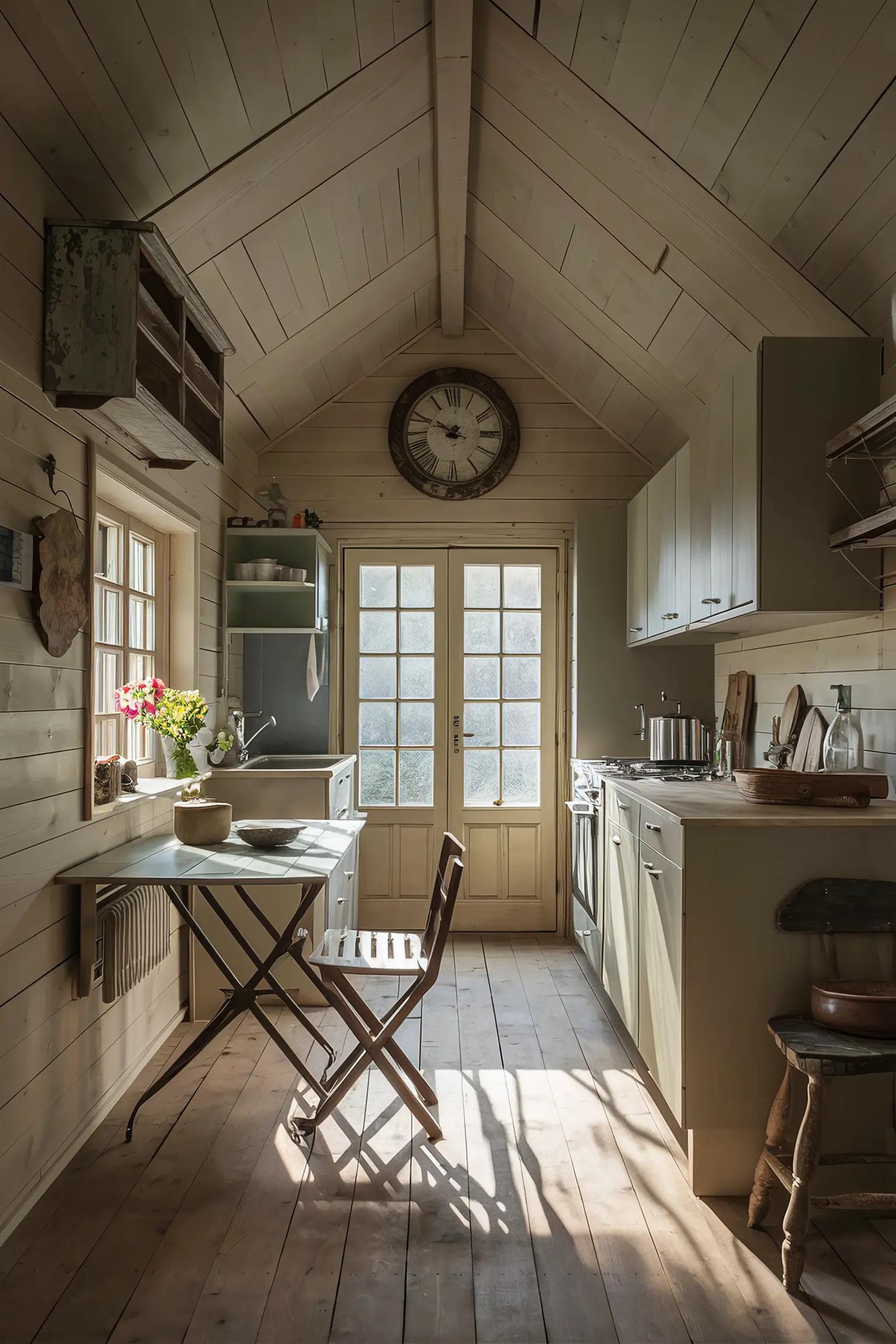 Minimalistic small farmhouse kitchen with space-saving solutions and rustic decor.