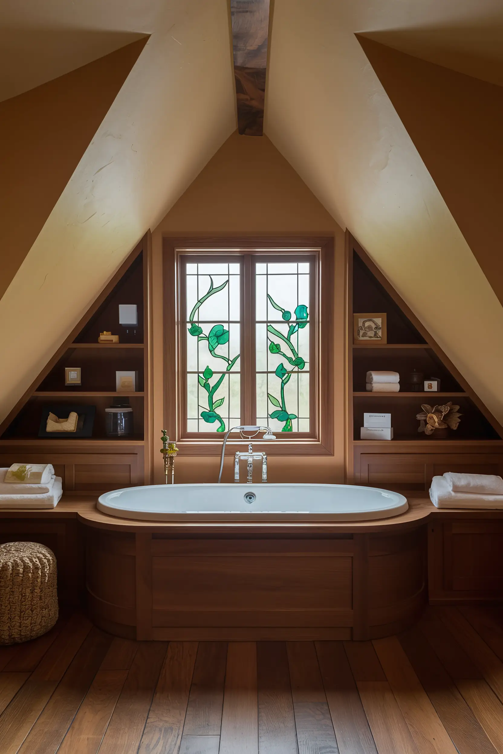 Cozy attic bathroom with sloped ceilings, a luxurious bathtub, and warm wood accents.