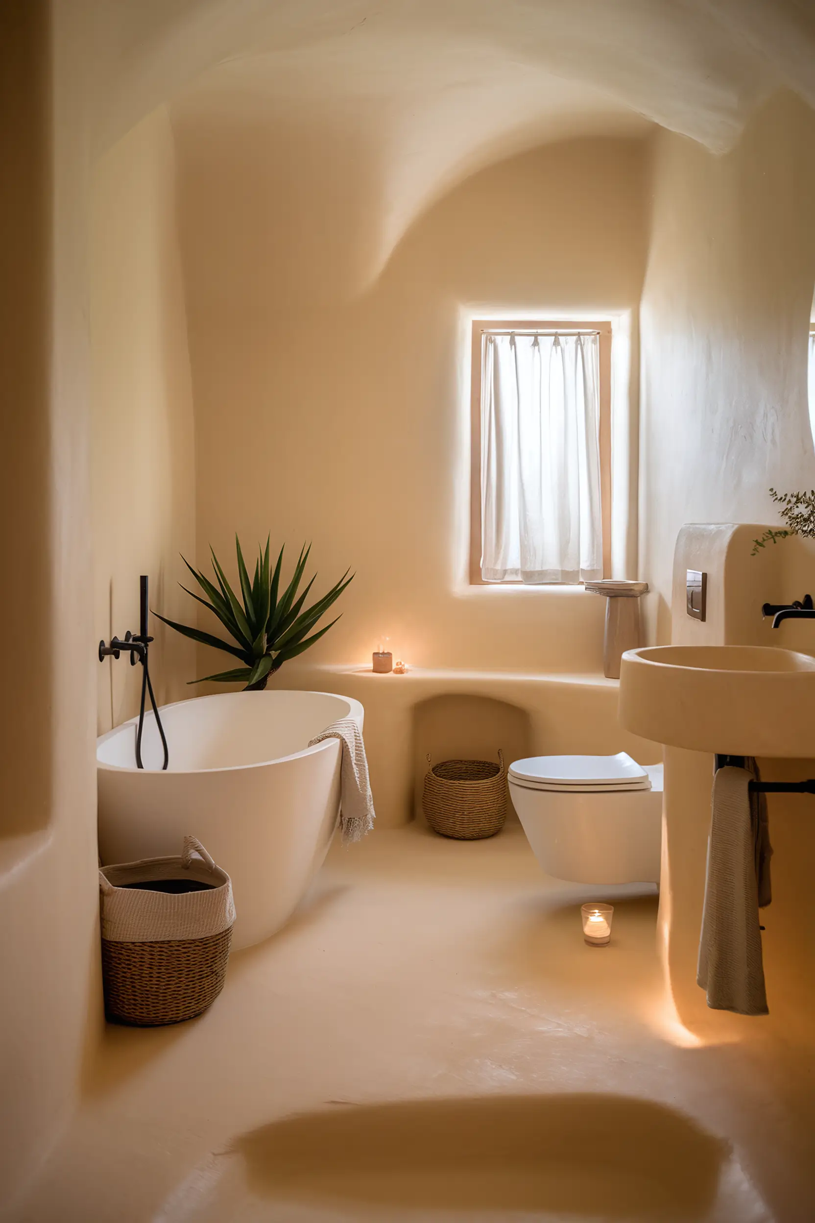 Serene small luxury bathroom with warm beige tones, soft lighting, and natural stone accents.