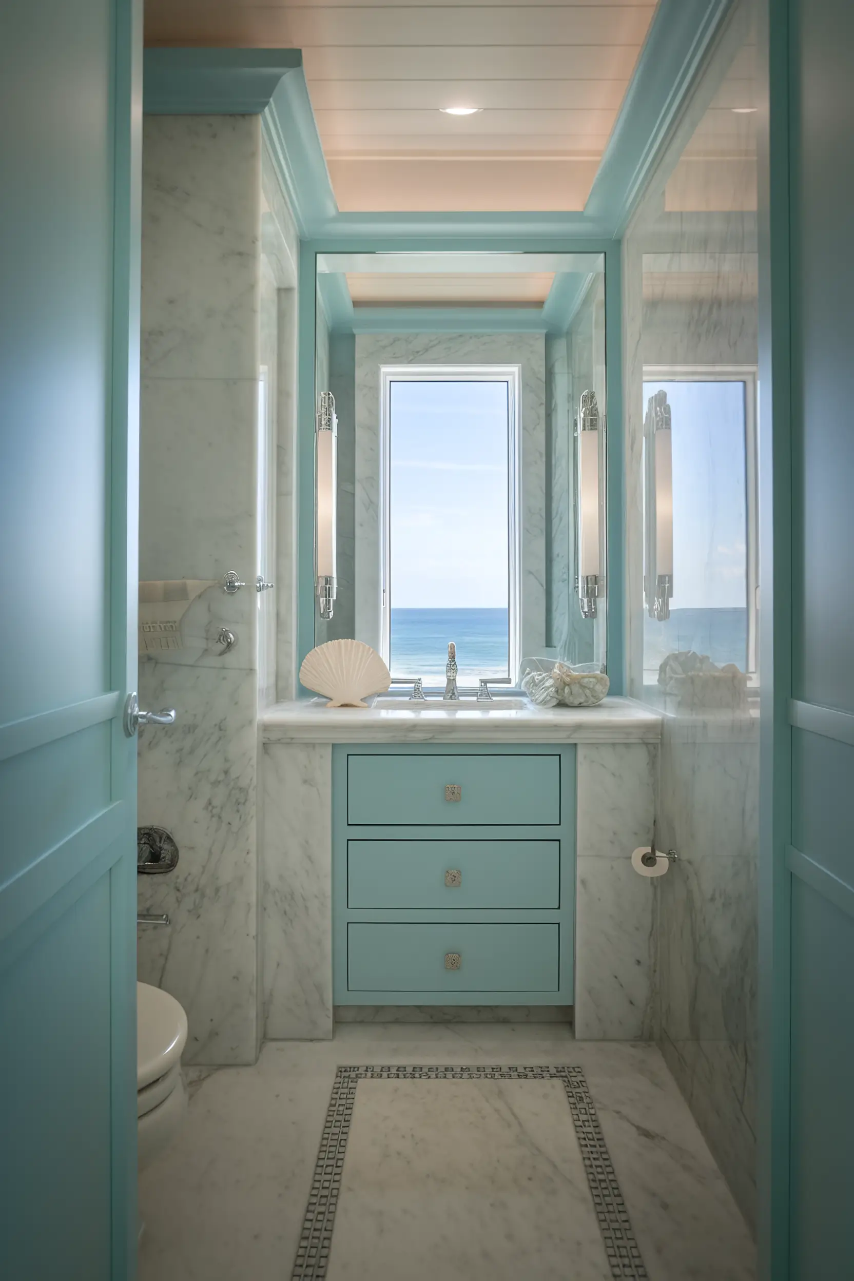 Refreshing small luxury bathroom with soft blue accents, white marble surfaces, and coastal-inspired decor.