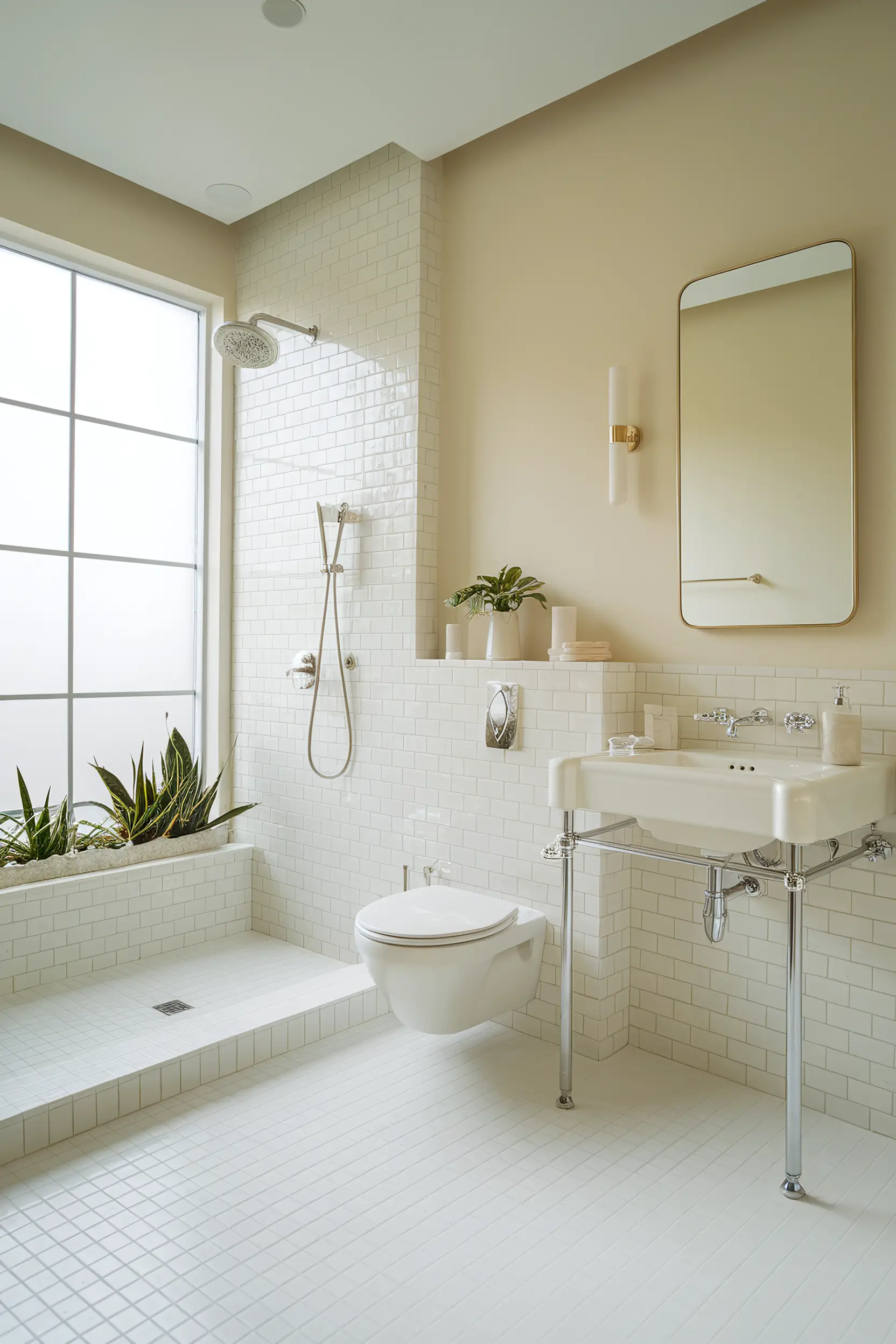Bright and airy small luxury bathroom with large windows, light-colored tiles, and minimalistic decor.