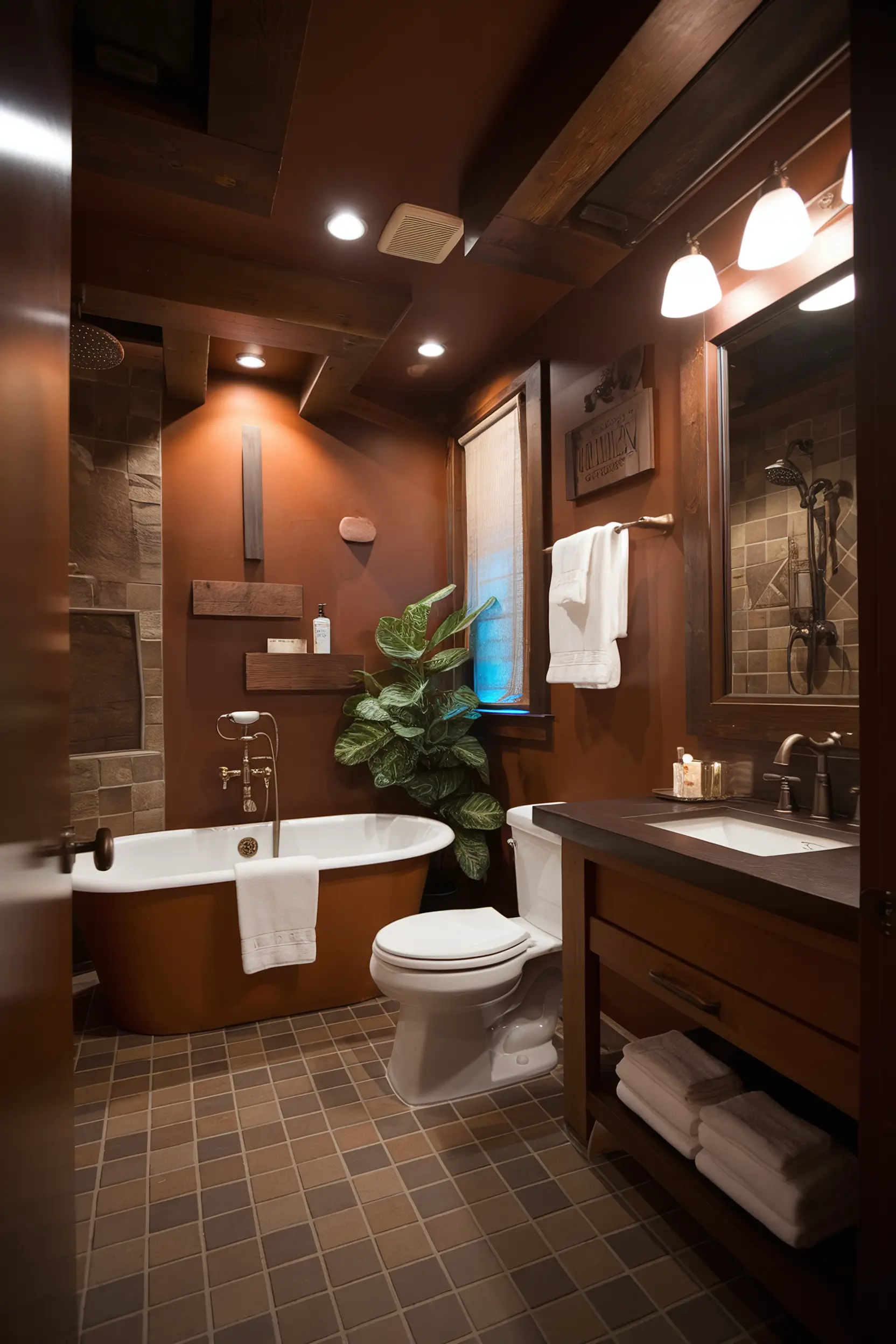 Warm and inviting small luxury bathroom with rich brown tones, wooden accents, and bronze fixtures.