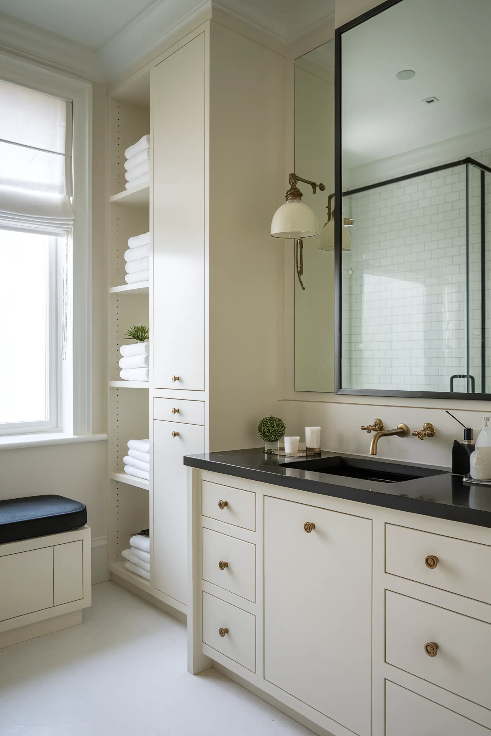 Smartly designed small luxury bathroom with built-in cabinets and sleek storage solutions.