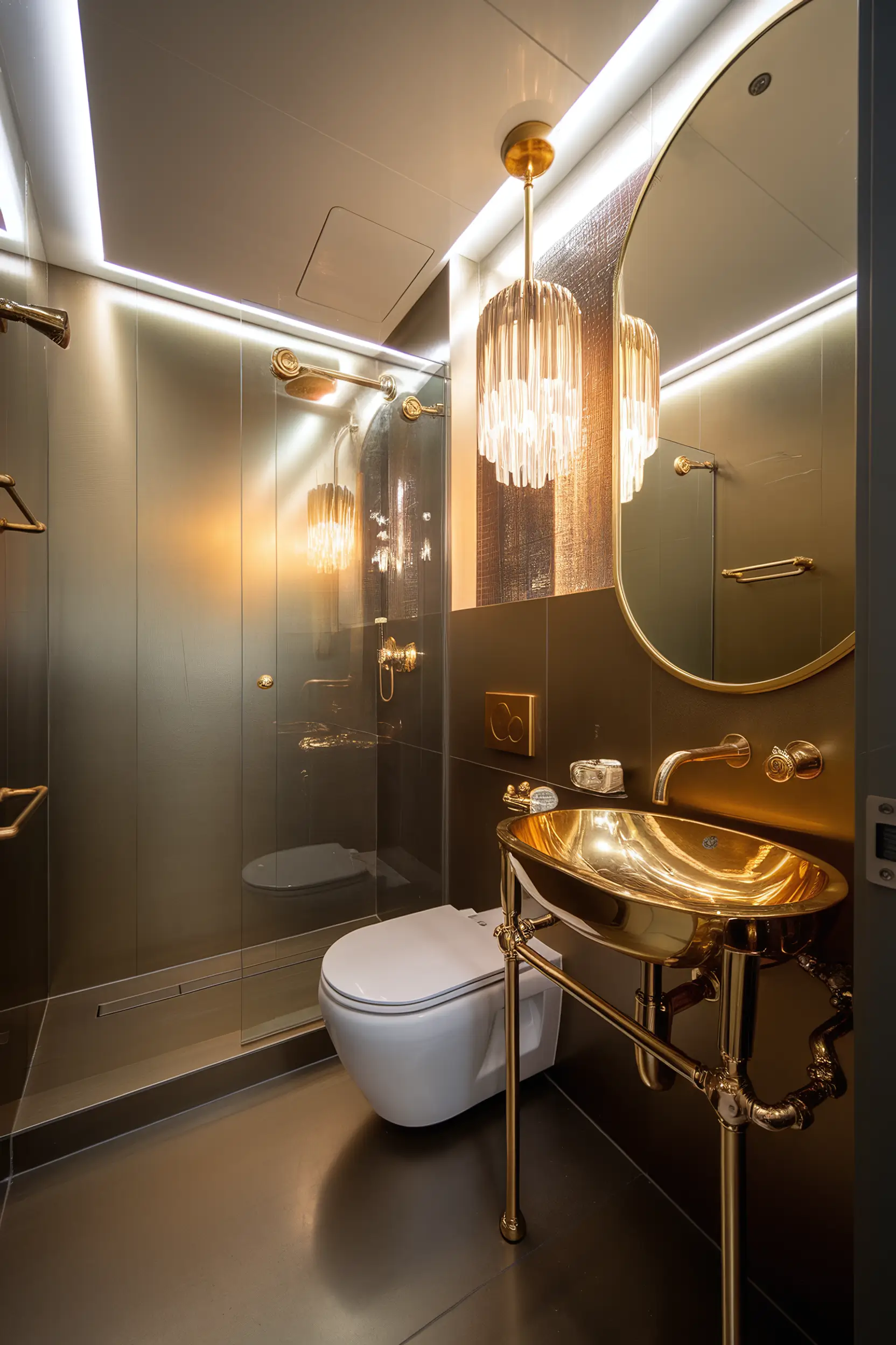 Glamorous small luxury bathroom with gold accents, sleek tiles, and elegant lighting.