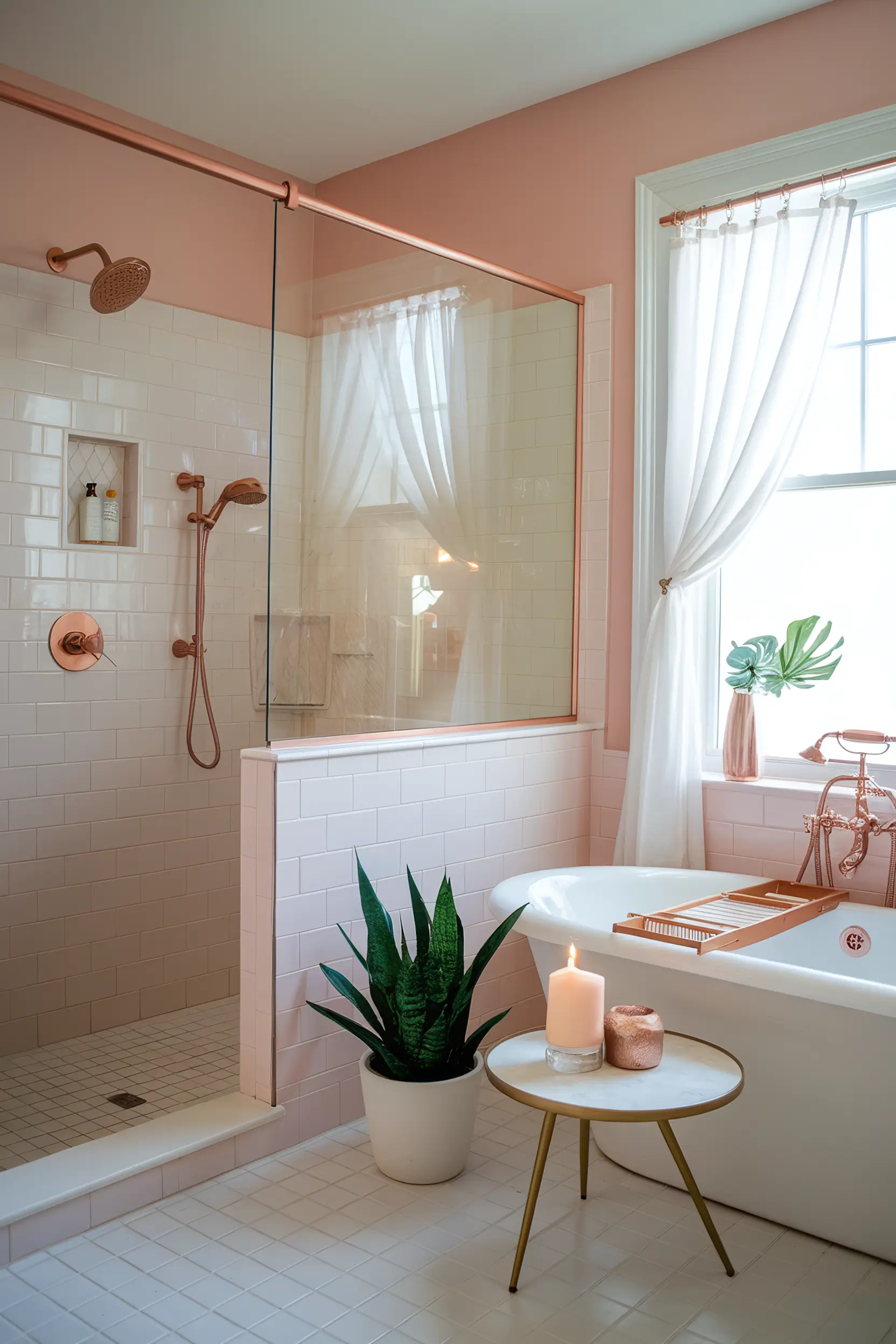 Delightful small luxury bathroom with blush pink accents, pastel tiles, and rose gold fixtures.
